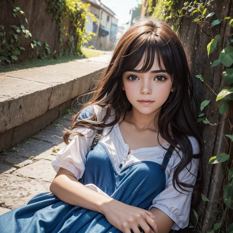 As a little 5 year old girl on a meadow with angs brown long hair with a dress