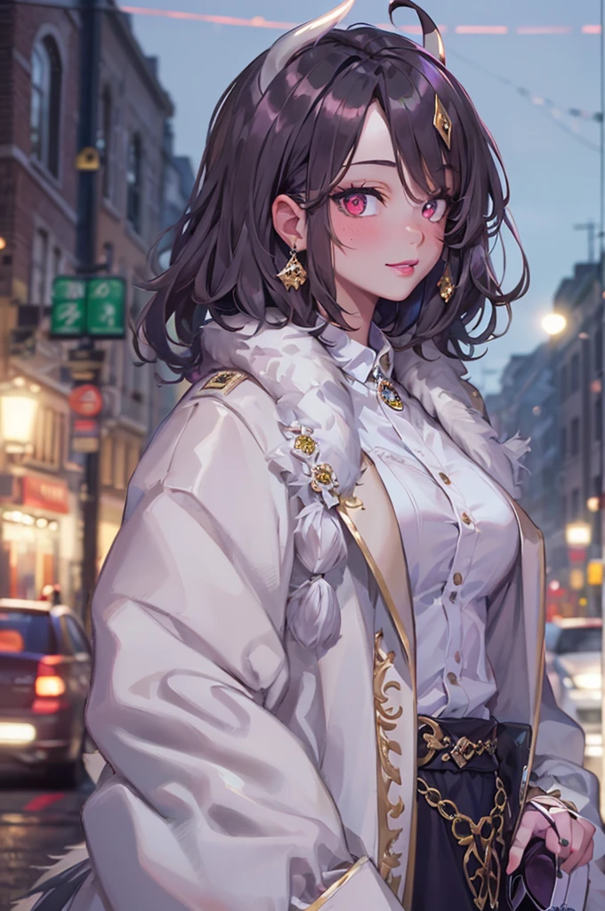 (masutepiece, Absurd, High quality, Best Quality, Ultra Detail, Beautiful), Perfect eyes, Perfect face, Perfect Lighting, Textured skin, Beautiful Detail Face, (Detailed face: 1.4), Beautiful detail eyes, ambient lights, Realistic Shadows, Pupils with beautiful details, Cute, 1 girl, Solo, One Focus, Beelzebub, Short hair, White hair, Demon Girl, demon tail, freckle, Red Eyes, white horns, Purple Lipstick, Lips, blush, white fur coat, (Coat trimmed with white fur: 1.3), plein air, Street, (evening: 1.2), Car on background, headlight, Church in the background, Lighting, Moon, gaze at the audience, Walking, Smiling, From the side, Full body, Rich, Expensive, Jewelry