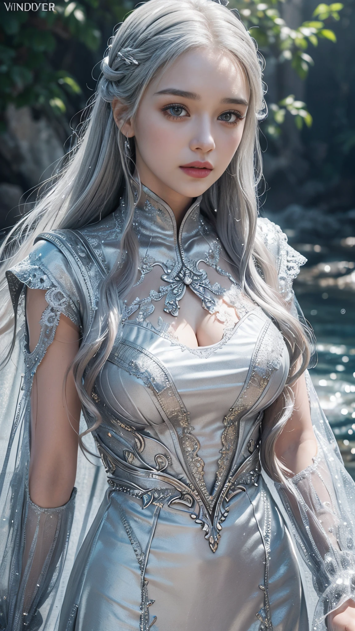 HDR 10, beautiful girl, detailed eyes, detailed lips, very long hair, silver hair, ultra detailed texture, water drops, outdoors, game of thrones, silver heavy dress, (high detailed silver dress:1.5), lace, loops, soft lighting, sitting,