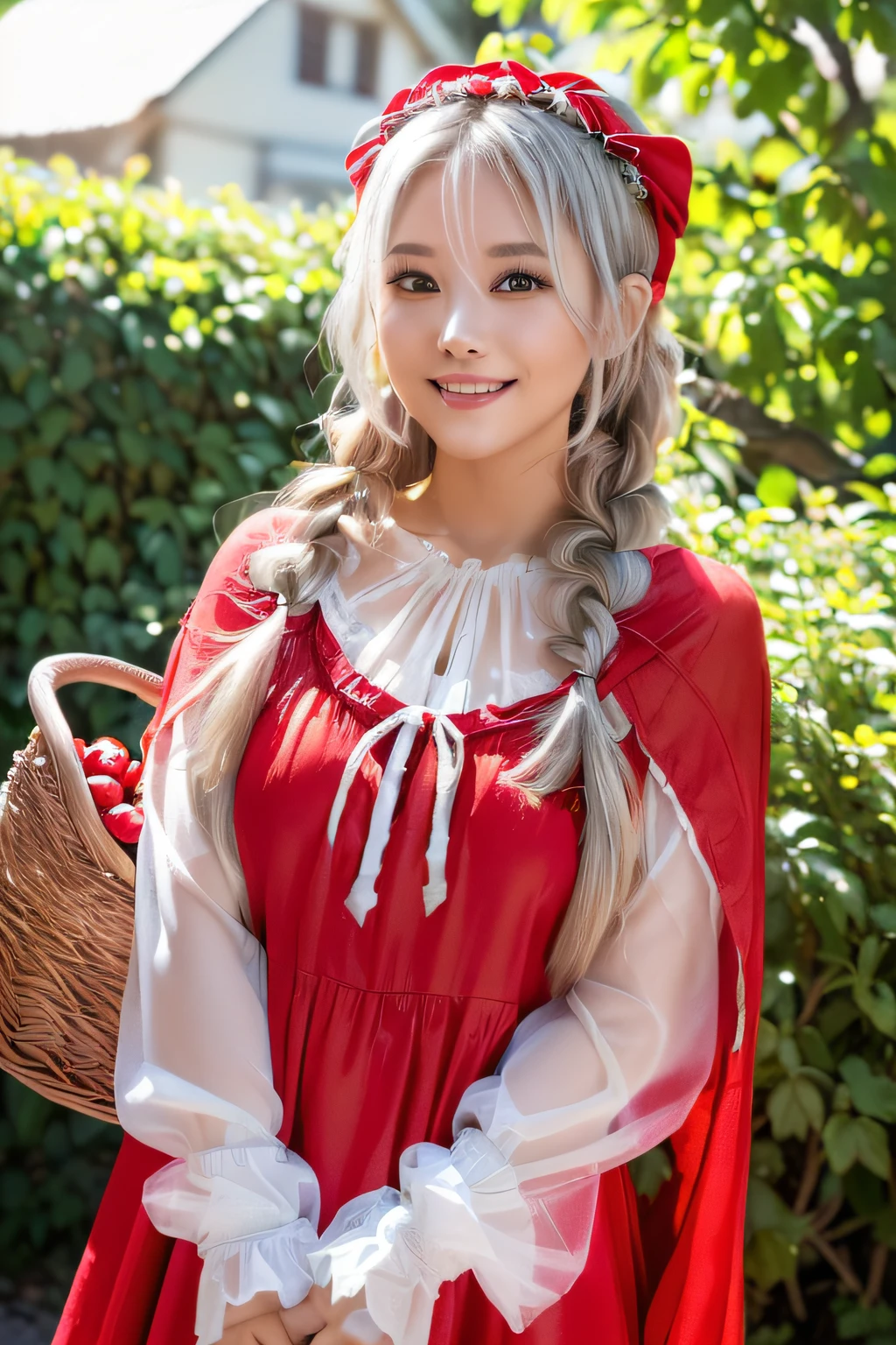 (。.3D:1.3),(Fantasy style costumes),(Grimm fairy tale world),(Rothkappchen,Little Red Riding Hood,red riding hood:1.3),(farmhouse entrance:1.3),(Wearing a red hood:1.3),(((Red Tunic:1.3))),(((apples and bread in the basket),Cute and beautiful girl,Cute round face,Cute smile,with blush cheeks,Red Lip,(silver white hair,Floral braided headband,half up、Floral Braided Space Van,Voluminous Fishtail Braids,Twisted chignon,),(Bangs are see-through bangs),hair pin,hair adornments,detailed clothes features,Detailed hair features,detailed facial features,(Dynamic angles),(Dynamic and sexy poses),clothes that emphasize big breasts,Cinematic Light,(masutepiece,top-quality,Ultra-high resolution output image,depth of fields,intricate detailes,Make the subject look three-dimensional with the contrast of light and shadow,) ,(The 8k quality,Anatomically accurate facial structure,),(Sea Art 2 Mode:1.3),(Image Mode Ultra HD,)