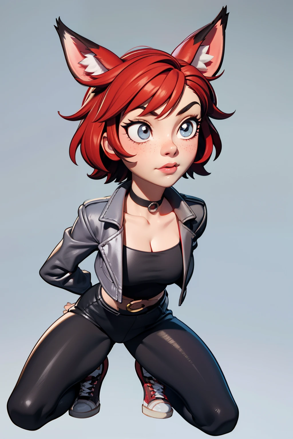 1girl, full body, teenager, solo, (short pixie cut Hair, undercut red hair: 1.28), ((light gray eyes)), some small freckles, (dark fox ears: 1.35), pale skin, large breasts, cleavage, (thin hips, thin waist , athletic body: 1.25), simple background, looking away, (cropped open leather jacket, choker, leggings, plaid b&w sneakers: 1.11), kneeling , masterpiece, best quality,3d rending work ,3DMM style, close-up, portrait, 3D,