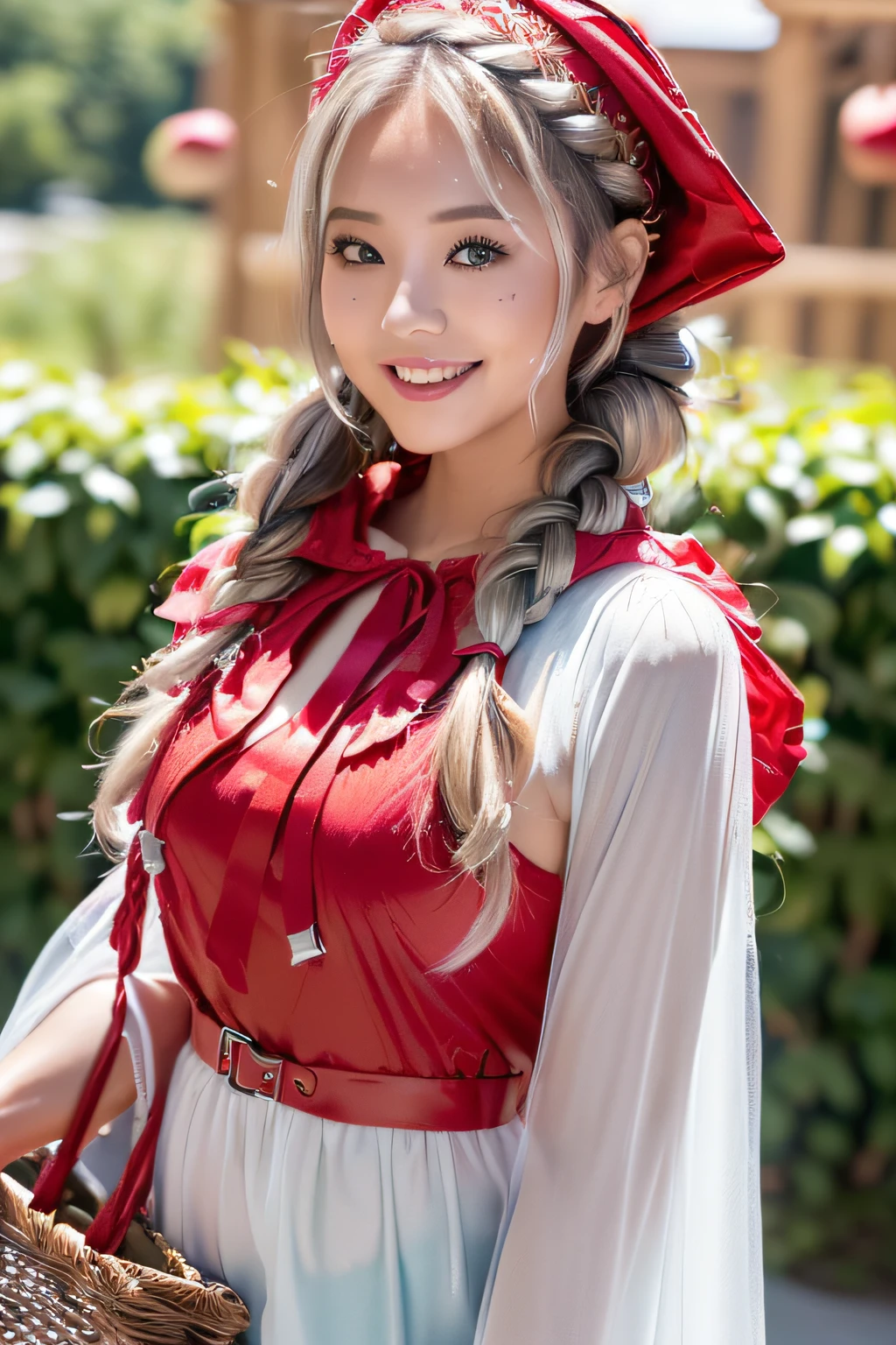 (。.3D:1.3),(Fantasy style costumes),(Grimm fairy tale world),(Rothkappchen,Little Red Riding Hood,red riding hood:1.3),(farmhouse entrance:1.3),(Wearing a red hood:1.3),(((Red Tunic:1.3))),(((apples and bread in the basket),Cute and beautiful girl,Cute round face,Cute smile,with blush cheeks,Red Lip,(silver white hair,Floral braided headband,half up、Floral Braided Space Van,Voluminous Fishtail Braids,Twisted chignon,),(Bangs are see-through bangs),hair pin,hair adornments,detailed clothes features,Detailed hair features,detailed facial features,(Dynamic angles),(Dynamic and sexy poses),clothes that emphasize big breasts,Cinematic Light,(masutepiece,top-quality,Ultra-high resolution output image,depth of fields,intricate detailes,Make the subject look three-dimensional with the contrast of light and shadow,) ,(The 8k quality,Anatomically accurate facial structure,),(Sea Art 2 Mode:1.3),(Image Mode Ultra HD,)