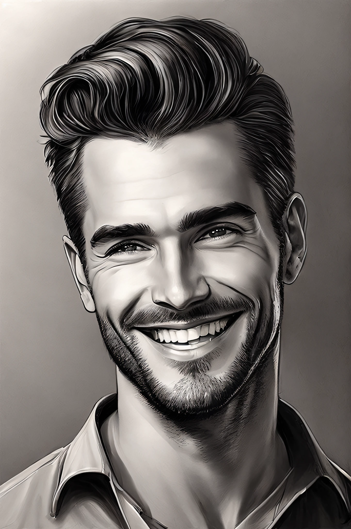 (best quality,highres,realistic),a handsome man with a smiling face making a thumbs-up gesture,gorgeous detailed face,nice teeth,expressive eyes,strong jawline,medium:charcoal sketch,dramatic shading and highlights,ultra-fine strokes,professional portrait,subtle monochrome colors,perfect lighting