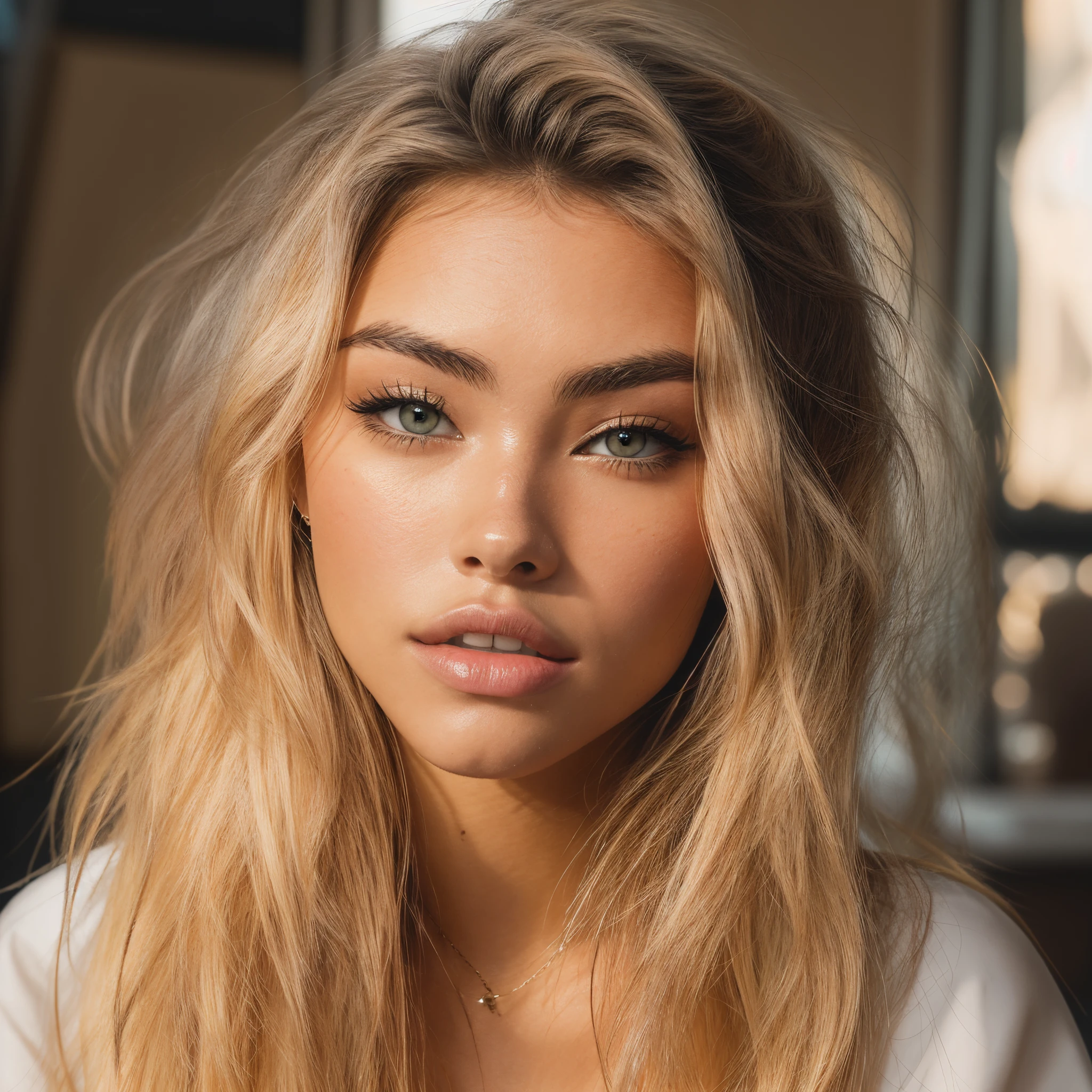 portrait photo réaliste ultra précis et détaillé et le plus réel possible d&#39;une femme blonde, visage magnifique qui ressemble à Madison Beer, belle lèvres