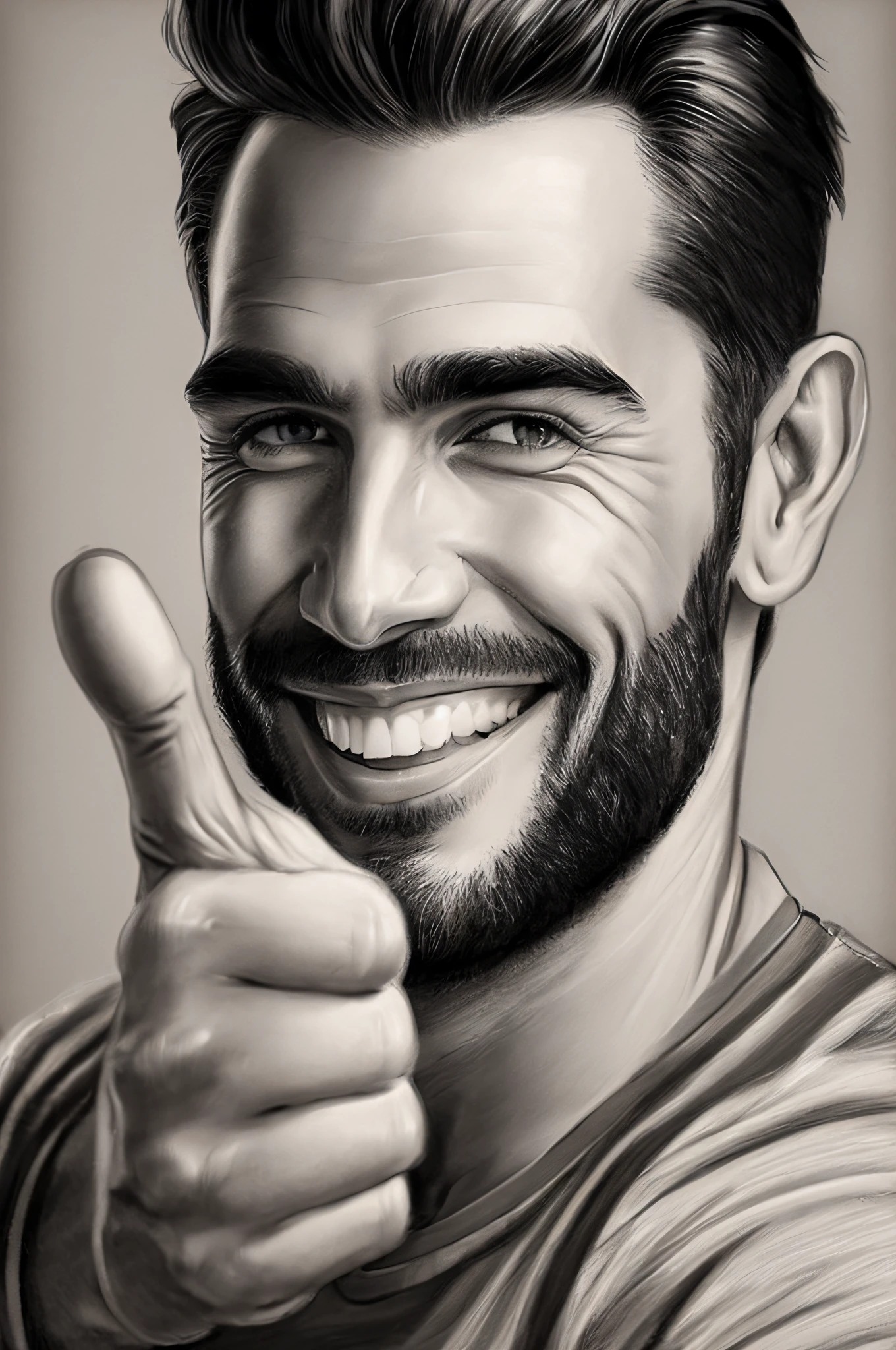 (best quality,highres,realistic),a handsome man with a smiling face making a thumbs-up gesture,gorgeous detailed face,nice teeth,expressive eyes,strong jawline,medium:charcoal sketch,dramatic shading and highlights,ultra-fine strokes,professional portrait,subtle monochrome colors,perfect lighting