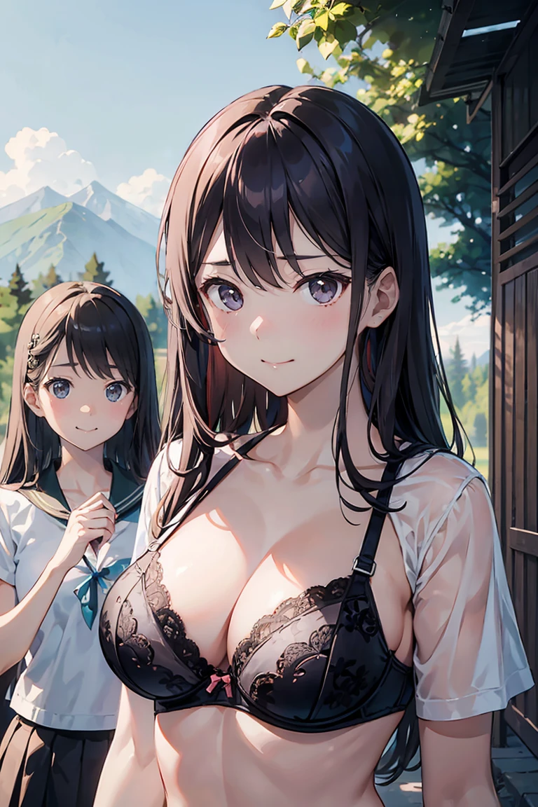 Three cute high school girls, beautiful eyes, talking while raising their upper body clothes and showing their bra, background, outdoors, summer mountain