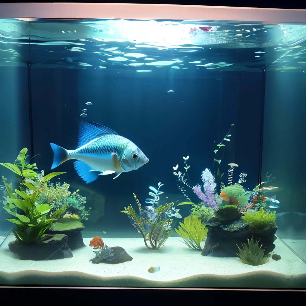 fish are swimming in the aquarium, fish tank, Dry aquarium, aquarium, Aquarium life, small fish swimming around, Fish floating in the bedroom, tanks, scenic full shot, apples ( ( ( fish tank ) ) ) ), big aquarium, fish swimming around, beautiful high resolution, the photo shows a large, beautiful setting、Corydoras、small catfish、colorful aquatic plants、Impressive light production、fish with whiskers、anime styled