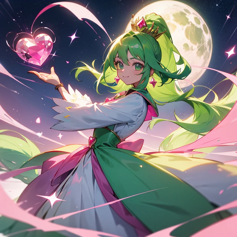 14years,girl with,Precure,Green and white costume,magical ,Green eyes,sparkly eyes,animesque,peacock green hair color,long pony tail,Golden crown,Gentle,Cool,stele,Leaf motifs,Fluffy skirt,Strongest,bro,Decided Pose,The human,huge smile,独奏,high-level image quality,hightquality,Pink ribbon,Pink Gemstones,heart mark,white glove,cute little,wind motif,Marsleeve,Pedras preciosas,pure,pluma,Emeraude,peridot,tourmaline,a moon,night sky full of stars,presence,Wand with magical green and pink gems,Facing forward