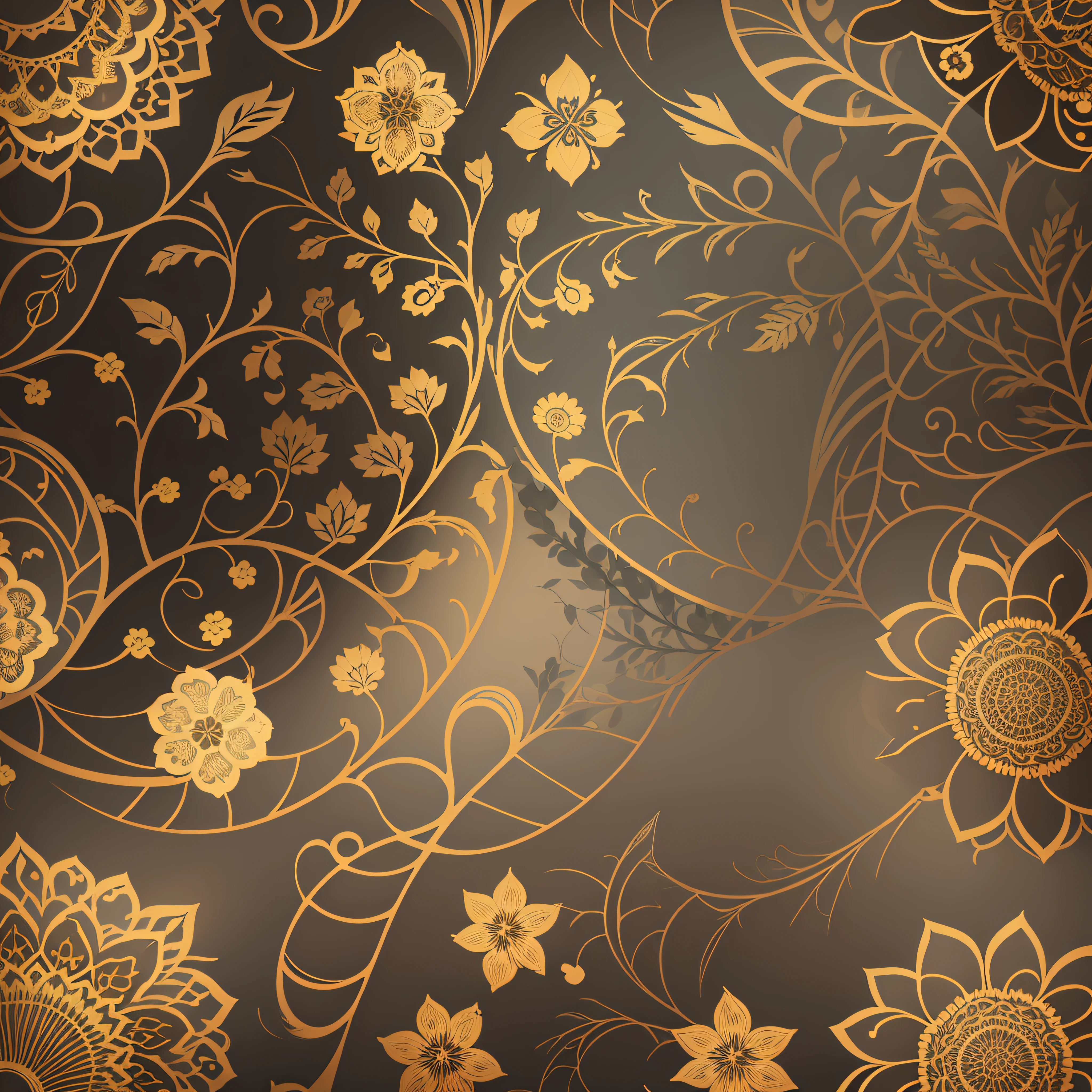 Vector graphic, Seamless pattern, repeating pattern, flat 2D illustration design of very small flowers, vines and wispy ferns. The background is grey/blue , the flowers are red and gold and black