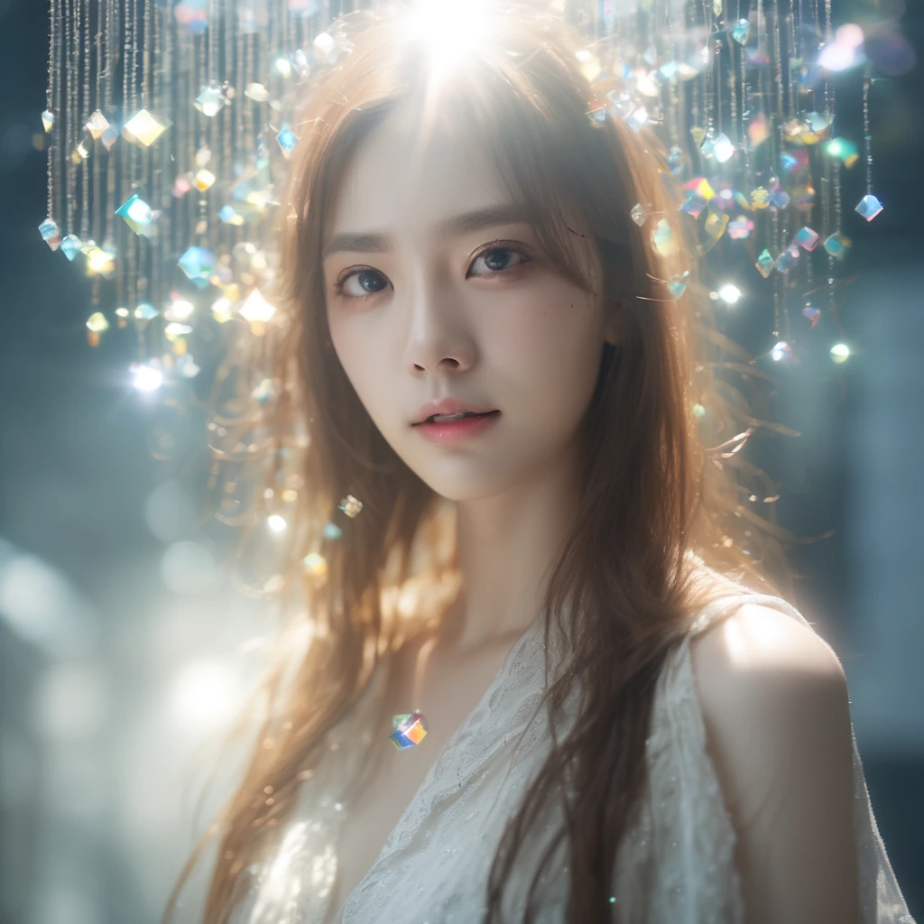 Real world,(Hyper-Realism:1.1),(Glass World:1.3),(Scale of extreme detail:1.3),Best Quality,
dingdall effect,1girl in,Fog,(Sunlight exposure:1.3),(sunlight passing through hair:1.3),Long hair,Sweat,(look looking at viewer:1.3),(Colorful Glass:1.2),Holy Light,Cross,(dazzle light:0.9),Big eyes,二重まぶた,Light makeup,White skin,(A face covered in sparkling diamonds:1.2),Closed mouth,