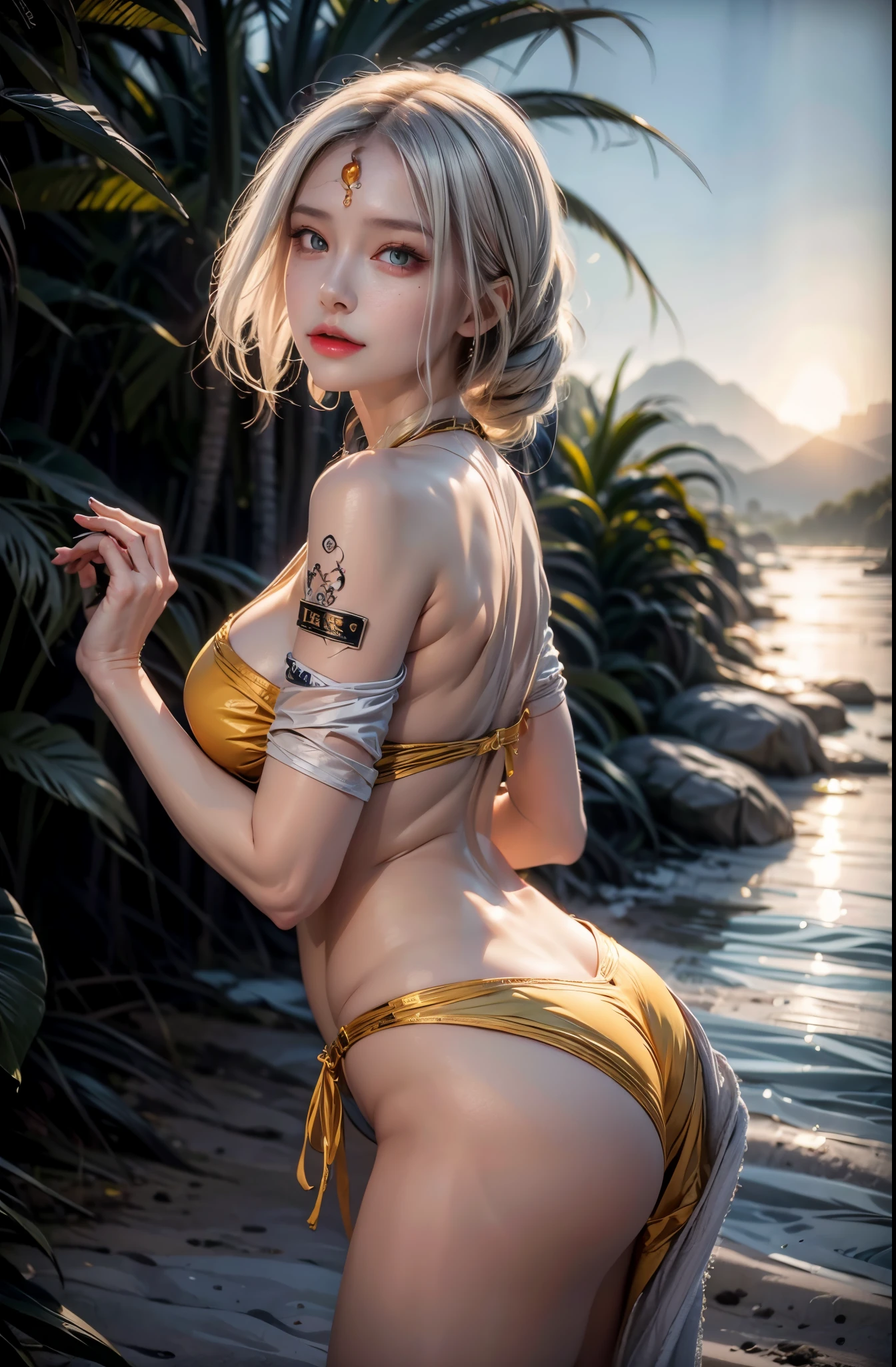 realistic, 1 women, best quality, 12k, HD, long hair, big round breasts, cleavage, ponytail, necklace, jewelry, shorts, short jacket, slim hips, hair tie, yellow eyes, black hair, super detailed, Eye details, hair details, person details, mouth details, face details, breast details, clothes details, hair details, pants details, hand details, whole body
