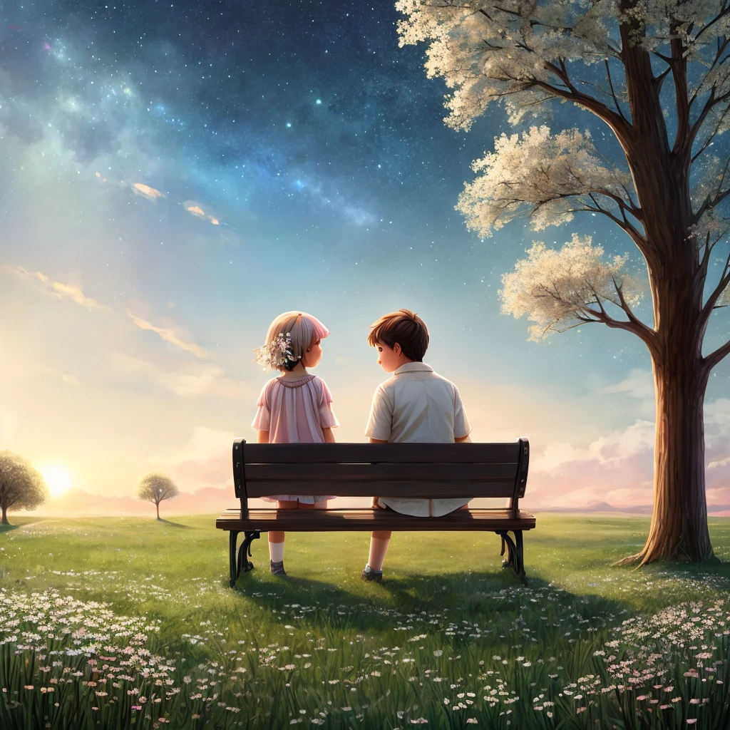 starrysky、Gypsophila flower、Benches、back view of child、girl with、male child、pale color、pastels、Three trees on a wide grassland、Friendly atmosphere、