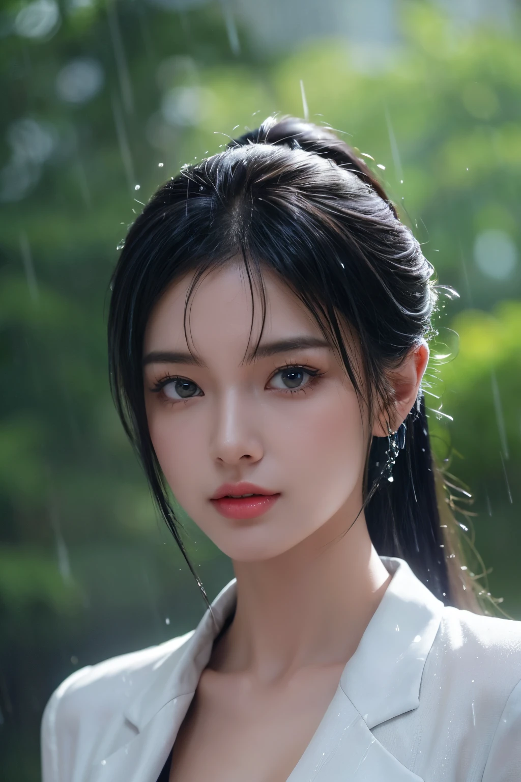 tmasterpiece,Best quality at best,A high resolution,8K,(portrait),(Close up of avatar),(RAW photogr),real photograph,digital photography,(Women in the workplace),20岁女孩,long ponytail hairstyle,By bangs,(black blonde hair),(green eyes),Serious and charming,A plump chest,cleavage,(The workplace suit),Keep your mouth shut,elegant and charming,serious and arrogant,Calm and handsome,(Female president),Photo pose,(Be drenched with rain),Realistic style,gray world background,oc render reflection texture