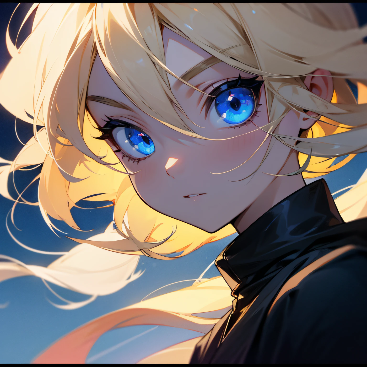 focus on face, chica rubia, cielo nocturno, cinematiclight, solo cara, ojos azules, ropa negra, face very close to the camera