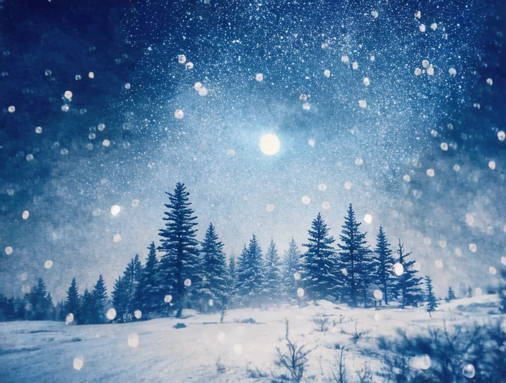 there is a picture of a picture of a tree and some snow, moonlight snowing, snowing, snowfall at night, multiple exposure, raining at night, atmospheric artwork, cyanotype, instant photograph of the sky, lofi album art, ethereal bubbles, raindrops, pinhole photo : dream, blue tint expired film, rinko kawauchi