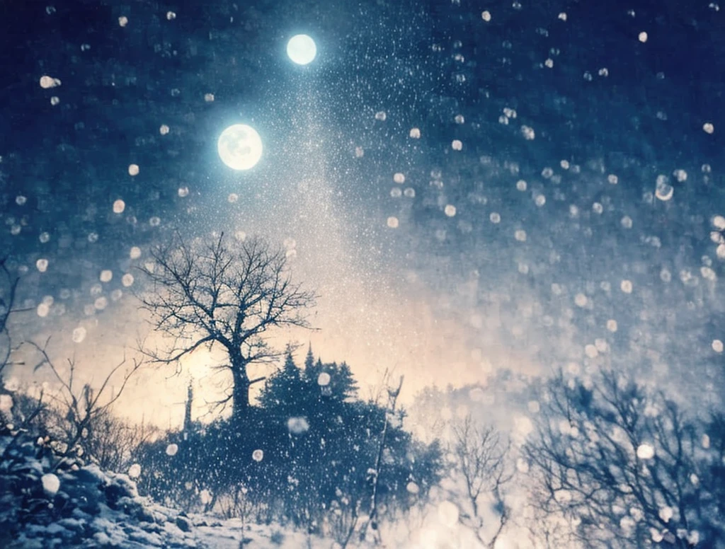 there is a picture of a picture of a tree and some snow, moonlight snowing, snowing, snowfall at night, multiple exposure, raining at night, atmospheric artwork, cyanotype, instant photograph of the sky, lofi album art, ethereal bubbles, raindrops, pinhole photo : dream, blue tint expired film, rinko kawauchi