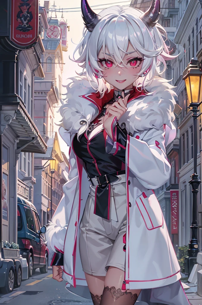 masutepiece, Absurd, High quality, Facing the front,Best Quality, Ultra Detail, Beautiful), Perfect eyes, Perfect face, Perfect Lighting, Textured skin, Beautiful Detail Face, (Detailed face: 1.4), Beautiful detail eyes, ambient lights, Realistic Shadows, Pupils with beautiful details, Cute, 1 girl, Solo, One Focus, Beelzebub, Short hair, White hair, Demon Girl, demon tail, freckle, Red Eyes, White hair, Purple Lipstick, Lips, blush, white fur coat, (Coat trimmed with white fur: 1.3), plein air, Street, (evening: 1.2), Car on background, headlight, Church in the background, Lighting, Moon, gaze at the audience, Walking, Smiling, From the side, Full body, Rich, Expensive, Jewelry