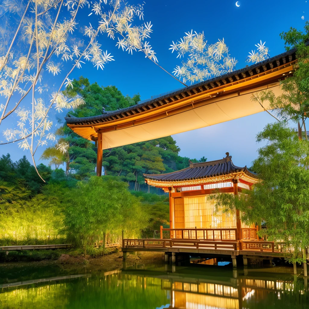 Beautiful view of Gangnam，Pavilion beside bamboo forest，Boat with umbrella，The moon shines on the ancient bridge，The cowherd and the weaver girl stand opposite each other，Reflection on the surface of the lake