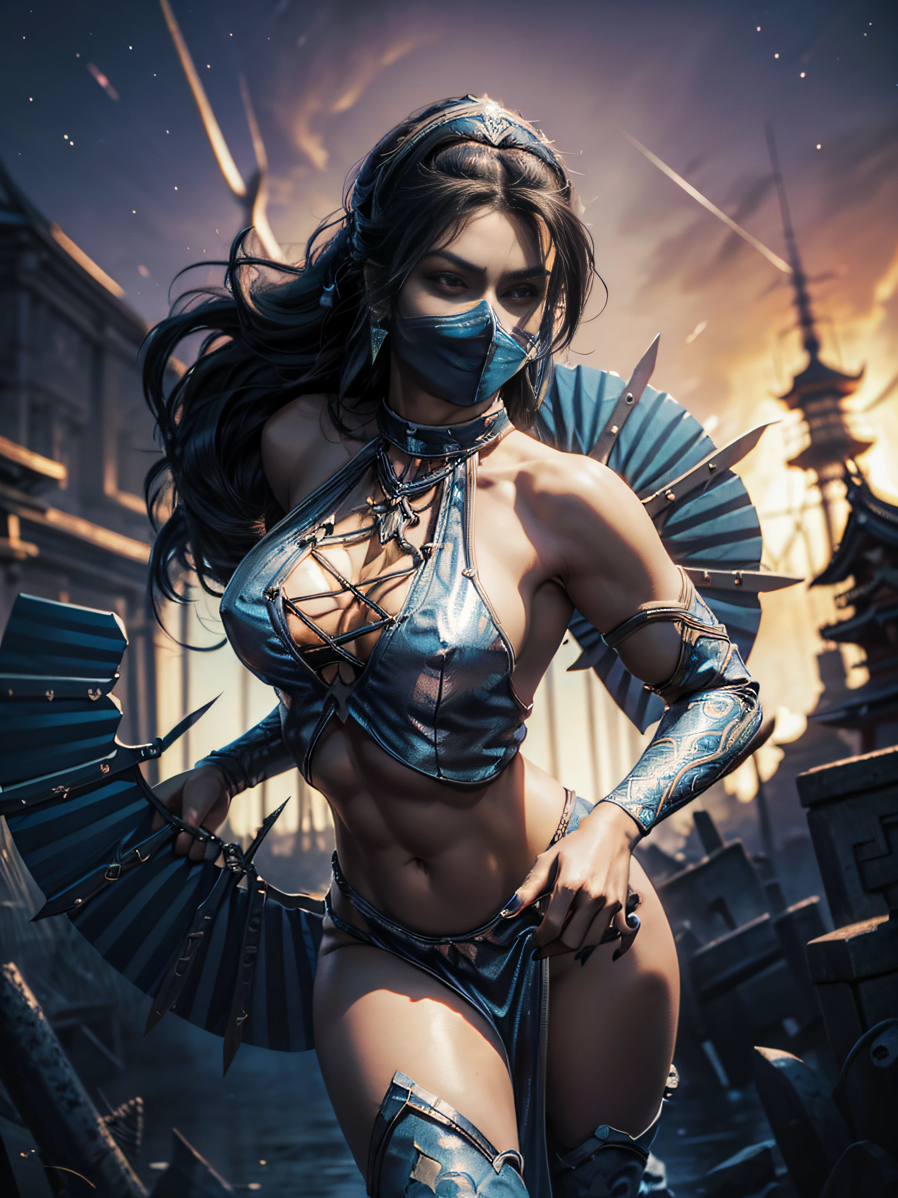 (exquisitely detailed CG unity 8k wallpaper, masterpiece-quality with stunning realism), (best illumination, best shadow), (best quality), (elegant style:1.2), Arti modern anime. angled view, heroic pose, midshot, (cel-shading style:1.3), centered image, ultra detailed closeup portrait of kitana, best quality, expressive eyes, perfect face, highres, (ultra details), 1 girl, solo, braid, thighhighs, hair ornament, eyeshadow, (mask:1.2), gold and blue armor, highly ornamented, shoulder armor, elbow gloves, at a japanese temple, portrait, looking at the viewer, piercing eyes, full body, leaning forward, resting, ready to fight, fighting pose, (night time:1), (holding japanese war fan:1.3) piercing eyes, action fight scene, strike, (staring forward:1), piercing eyes, night time, action scene, blur background, (throwing a war fan:1)