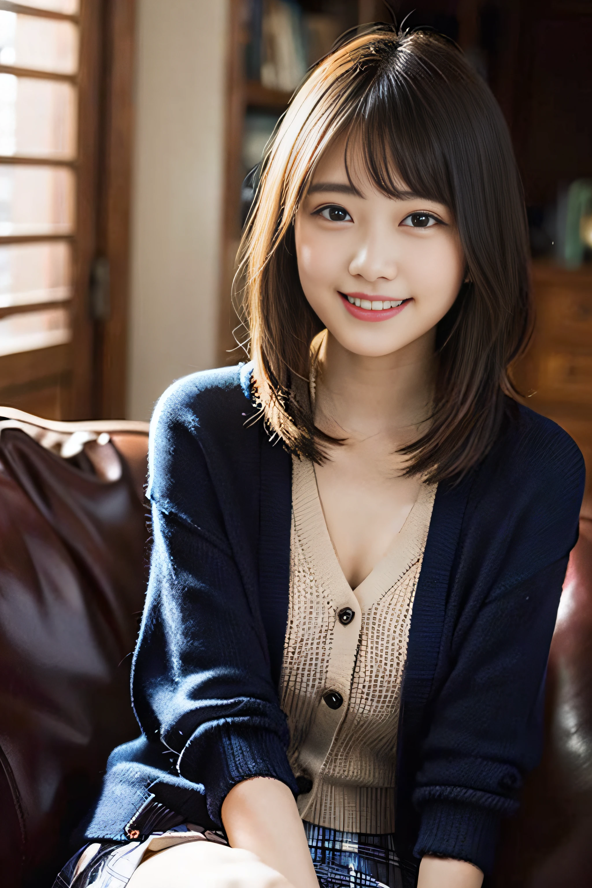 (8K、Raw photography、top-quality、masterpiece:1.2)、(realisitic、Photorealsitic:1.37)、ultra-detailliert、超A high resolution、1人、see the beholder、beautifull detailed face、A smile、Constriction、(Slim waist) :1.3)、Beautiful detailed skin、Skin Texture、Floating hair、Professional Lighting、Whole human body、Longhaire、a blond、japanese hight school uniform、hi-school girl、Sitting on the couch、Red ribbons、Bob Hair、Happy smile、Childish smile、Suppin、Dark blue cardigan