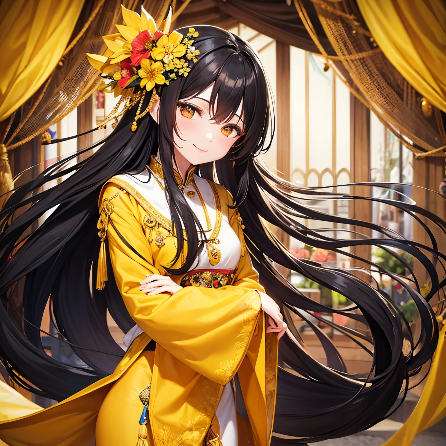 Long black hair、Yellow clothes、Floral hair ornament、adult-like、Smile、de pele branca、