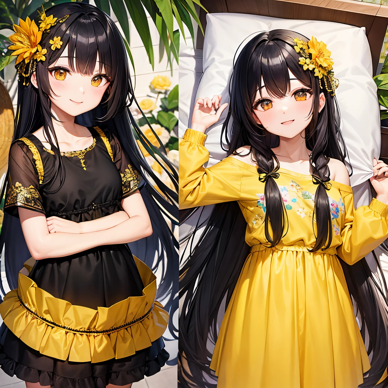 Long black hair、Yellow clothes、Floral hair ornament、adult-like、Smile、de pele branca、