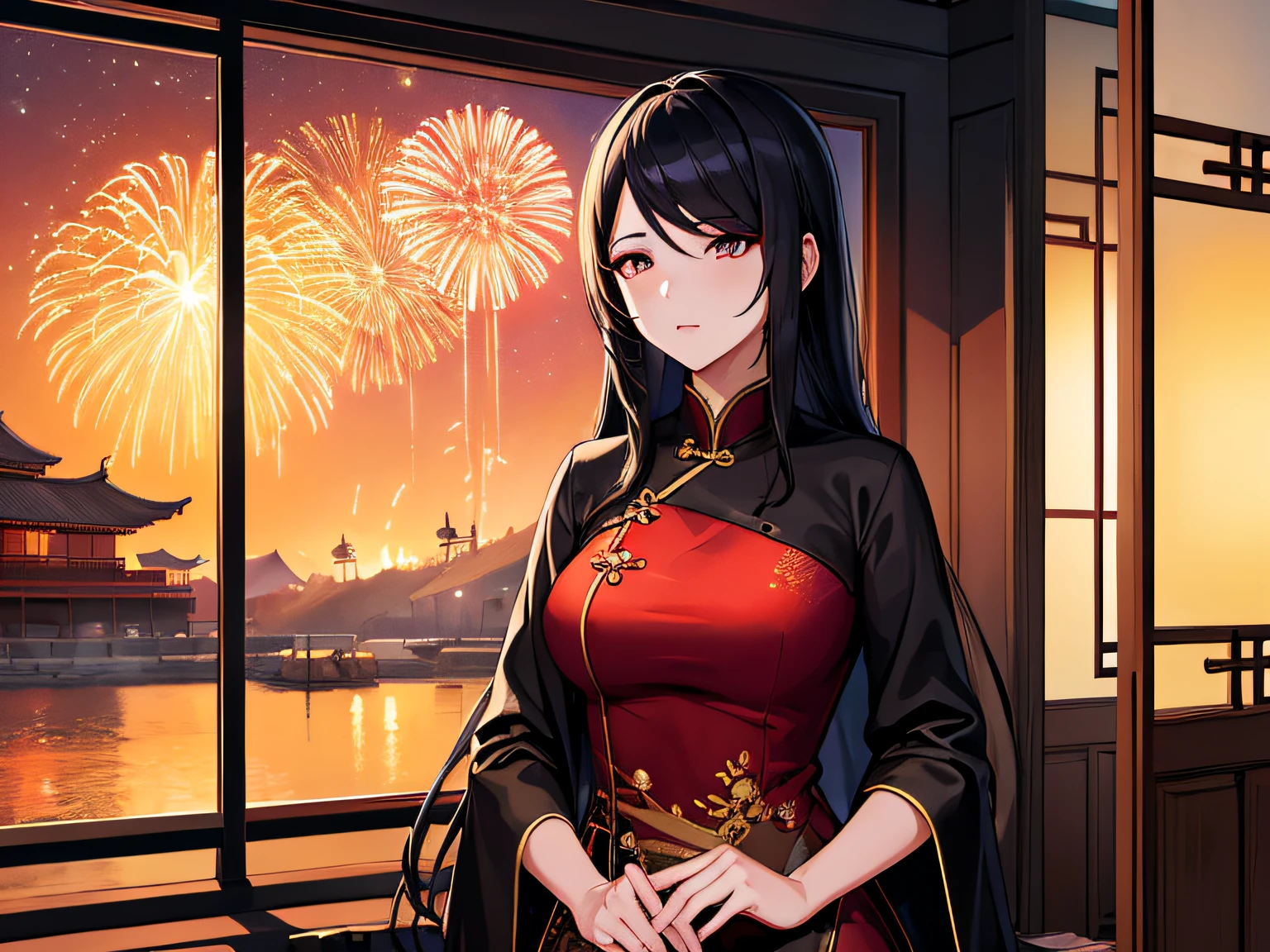 (tmasterpiece, Best quality at best: 1.2), ultra - detailed, highest details，cabelos preto e longos，intellectual girl，Red cheongsam，Golden decoration，Shy posture，Black colored eyes，Fireworks bloom outside the window，Anime landscape concept art，（Xinhai sincerely），Animated Movies，Chinese big breasts&#39;s hot spring resort。Large fireworks display