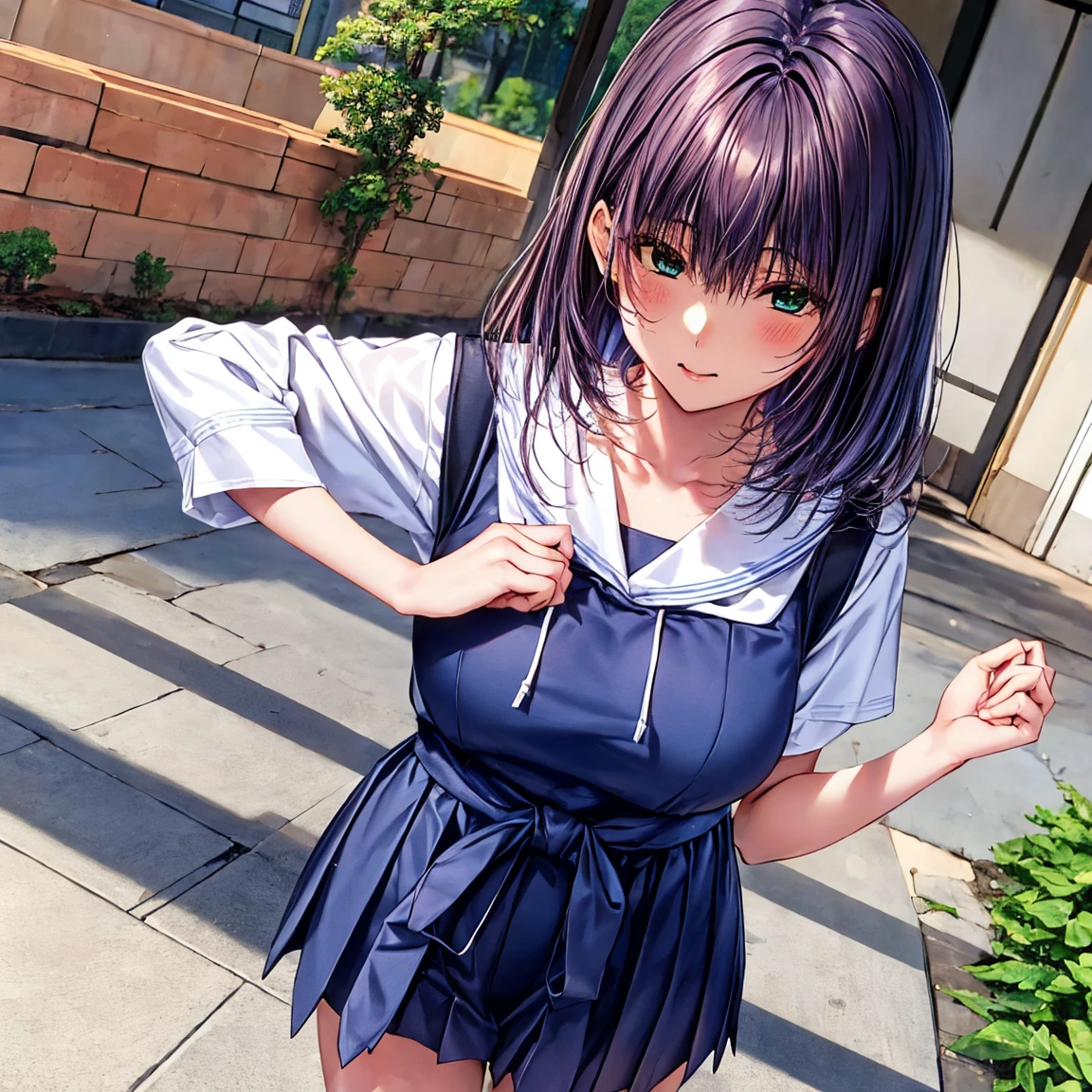 (top-quality、tmasterpiece、Very high resolution、super high image quality、High-quality pixels), 1girl, 8K, Rei Himiyama, Amakano, dark purple hair, long hair, straight hair to the waist, perfect figure, 20 years old, F Cup, big butt, green eye, (clear eye white part), school summer uniform, calm looking, walking on the Japanese traditional street