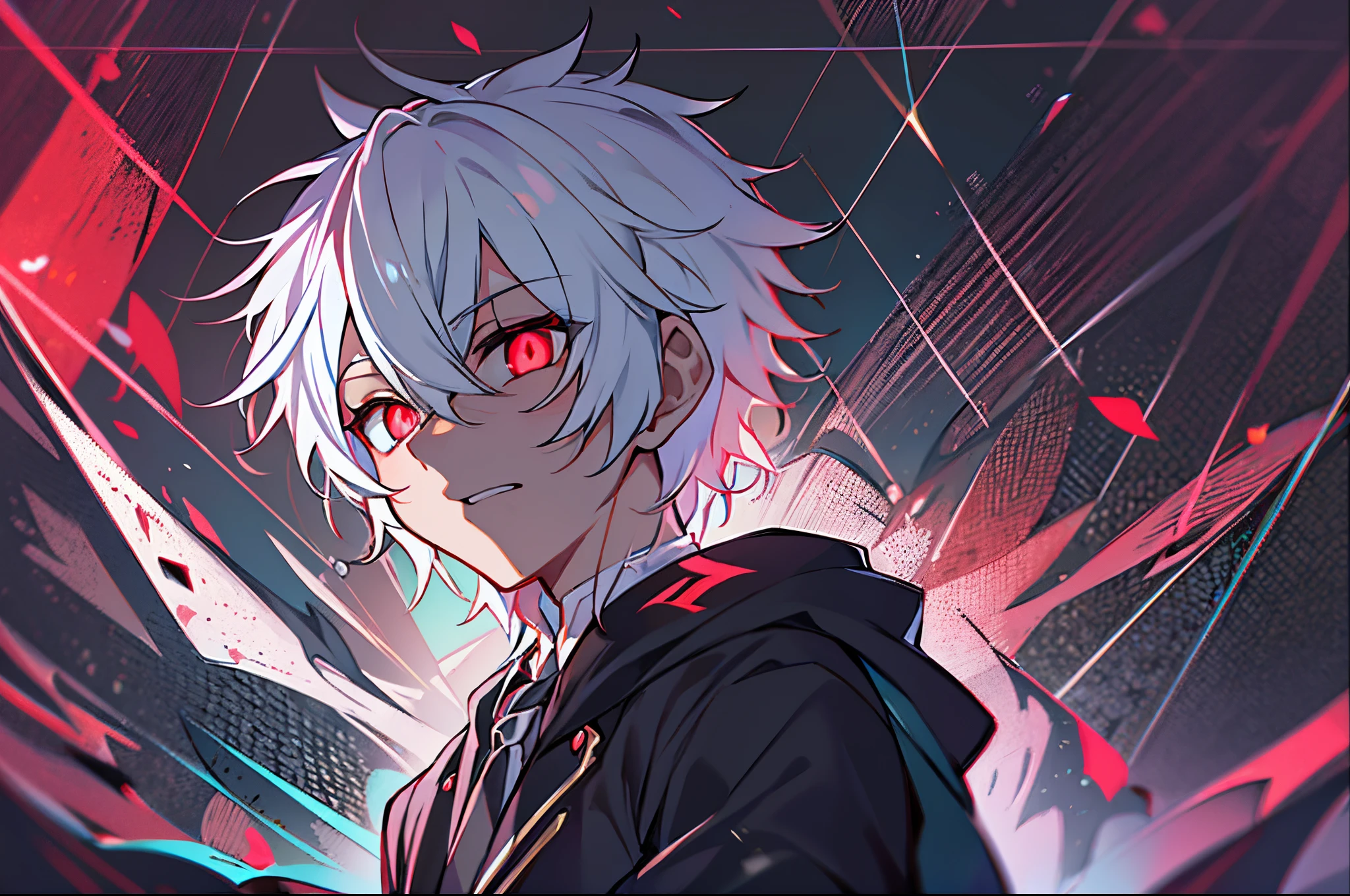 hight resolution,close range、Anime boy with white hair and red eyes staring at camera, Glowing red eyes,slim, dressed in a black outfit,Shadow Body,colorful backdrop,hair messy,yameroyandere, Diagonal angle