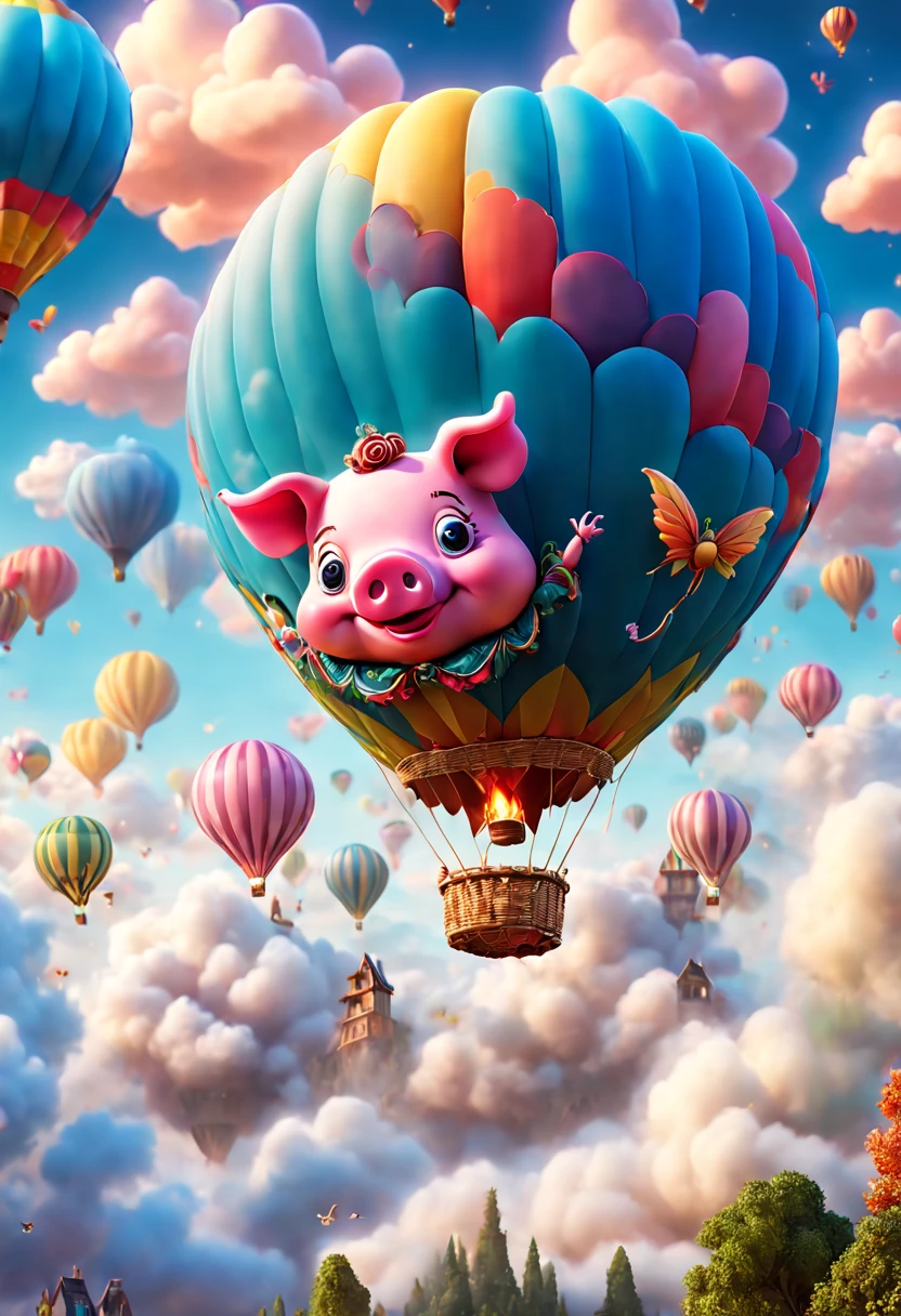 Strange hot air balloons,Colorful,Cute pig shaped hot air balloon,In the clouds,beautiful sky,Surreal,Epic dreams,a fairy world,Lighting,high high quality,a 3D render,ultra - detailed,realistically,Vibrant colors,Amazing lighting