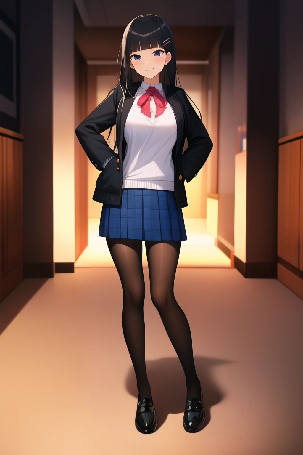 masterpiece, best quality, bishoujo, black hair, student, very long hair, collared shirt , blunt bangs, looking at viewer, black eyes, sweater jacket, miniskirt, black pantyhose, shoes , hairclip, ribbon_choker, parody, [large breasts], hair down, hand_on_hip, hand on hip, light smile, breasts out, Clothing is not close-fitting，Front view