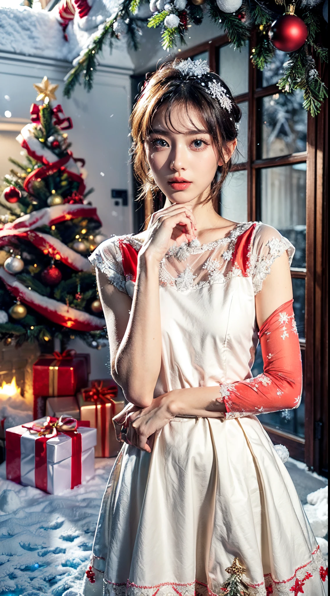 (Ultra-detailed eyes), (((textile shading))), (((Best Quality))), (((masutepiece))), (((Ultra-detailed CG))), sassy girl, (((magical ))), (Petite), (tiny chest), blonde hair, ((short hair, gorgeous hair)), Pink eyes, (((christmas Dress, red and white christmas Dresses, y2k Christmas outfit))), ((striking a pose)), (((Game CG)) (gorgeous, sassy, it girl), fancy jewelry, sparkling sky, outside the house is full of snow, christmas vibe, snow fall, snowman, snowball, light christmas, christmas tree, strong christmas atmosphere, cowboy shot, midshot, centered image, eye on camera, daylight