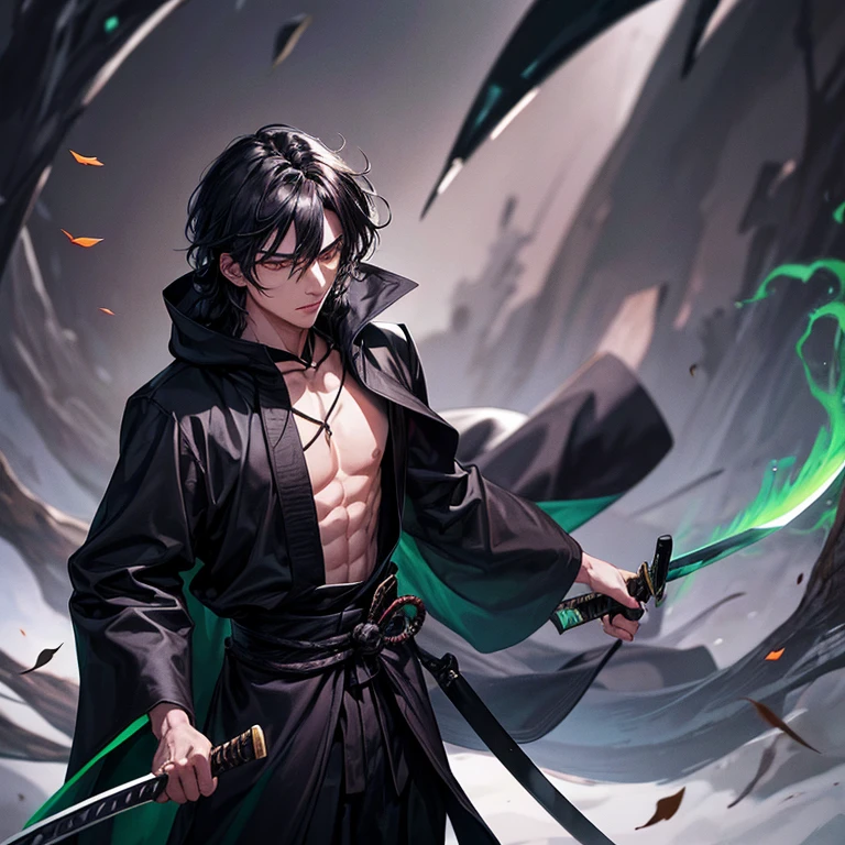 22-year old guy with intense silver eyes, black medium length hair, no facial hair, straight nose, natural lips, in his hands is a black odachi sword, hes wearing a long black cloak around his body, in the background are green flames, in the foreground there are falling autumn leaves