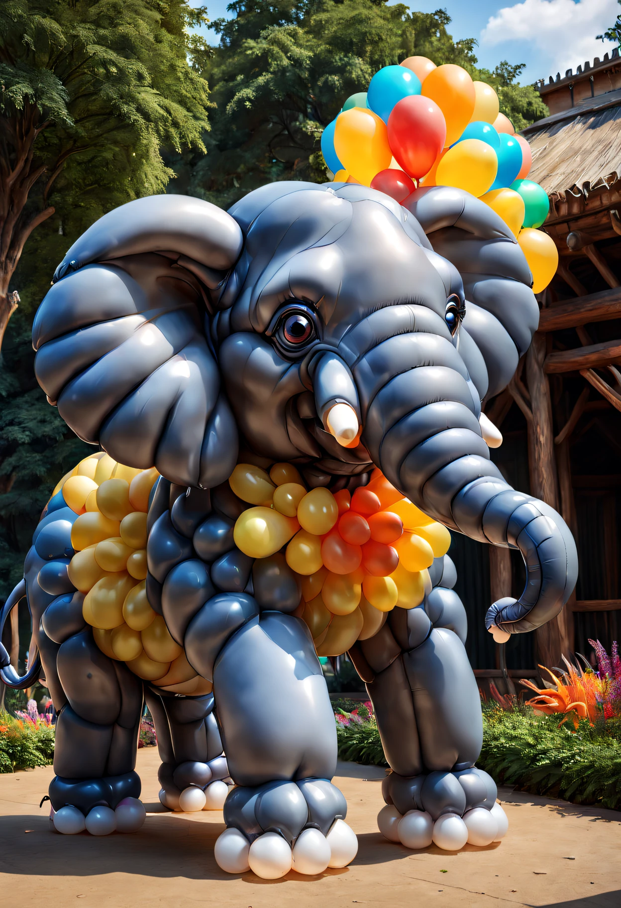 Elephant made of balloons,In the zoo,Zoo made of balloons，[illustratio, 3Drenderingof],[Best quality at best, A high resolution, ultra - detailed],[professional, vivd colour, Focus sharp],[Concept artist, Interesting and fun],[Colorful shades, Vibrant and eye-catching],[gentlesoftlighting, Highlight the shape and texture of the balloon]