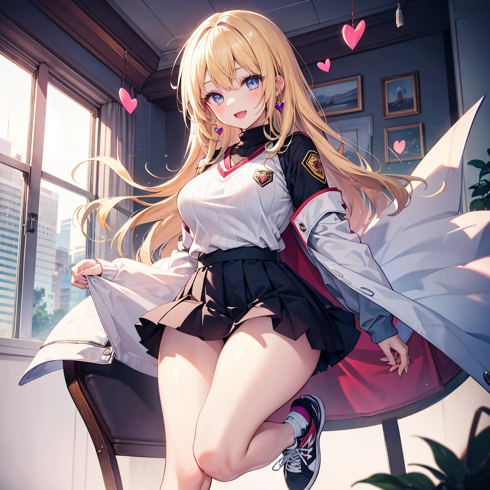 Realistic image, detailed image, 1 girl. She has ruby colored eyes, with a six-pointed star in each of her eyes. She has blonde hair. She wears a V-neck sweater, adorned with hearts. Pleated white miniskirt. Sneakers. Large breasts, narrow waist, wide hips and thick thighs. Arched back. Smile with open mouth. White background. Uniform background. Volumetric light. Ambient light