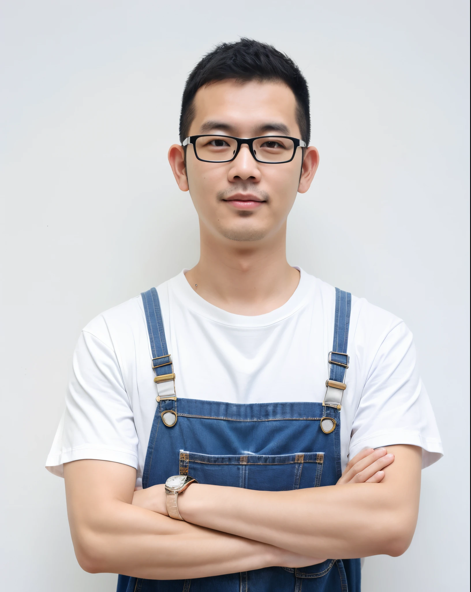 wears glasses、wearing work clothes、Arafad man standing with arms crossed, Artist in overalls, Wearing blue denim overalls, Hungry artist in overalls, Asian male, wearing work clothes, Put on an apron, Wearing dirty work clothes, Inspired by Ding Yunpeng, Stanley Liu, Asian people, Artist in tattered overalls, inspired by Fei Danxu