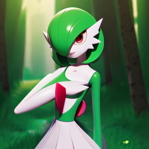 masterpiece, best_quality, 1girl, solo, gardevoir, creatures \(company\), game freak, nintendo, pokemon, pokemon \(game\), pokemon unite, bangs, colored skin, female focus, flat chest, gen 3 pokemon, green hair, green skin, hair over one eye, multicolored skin, pokemon \(creature\), red eyes, short hair, two-tone skin, white skin