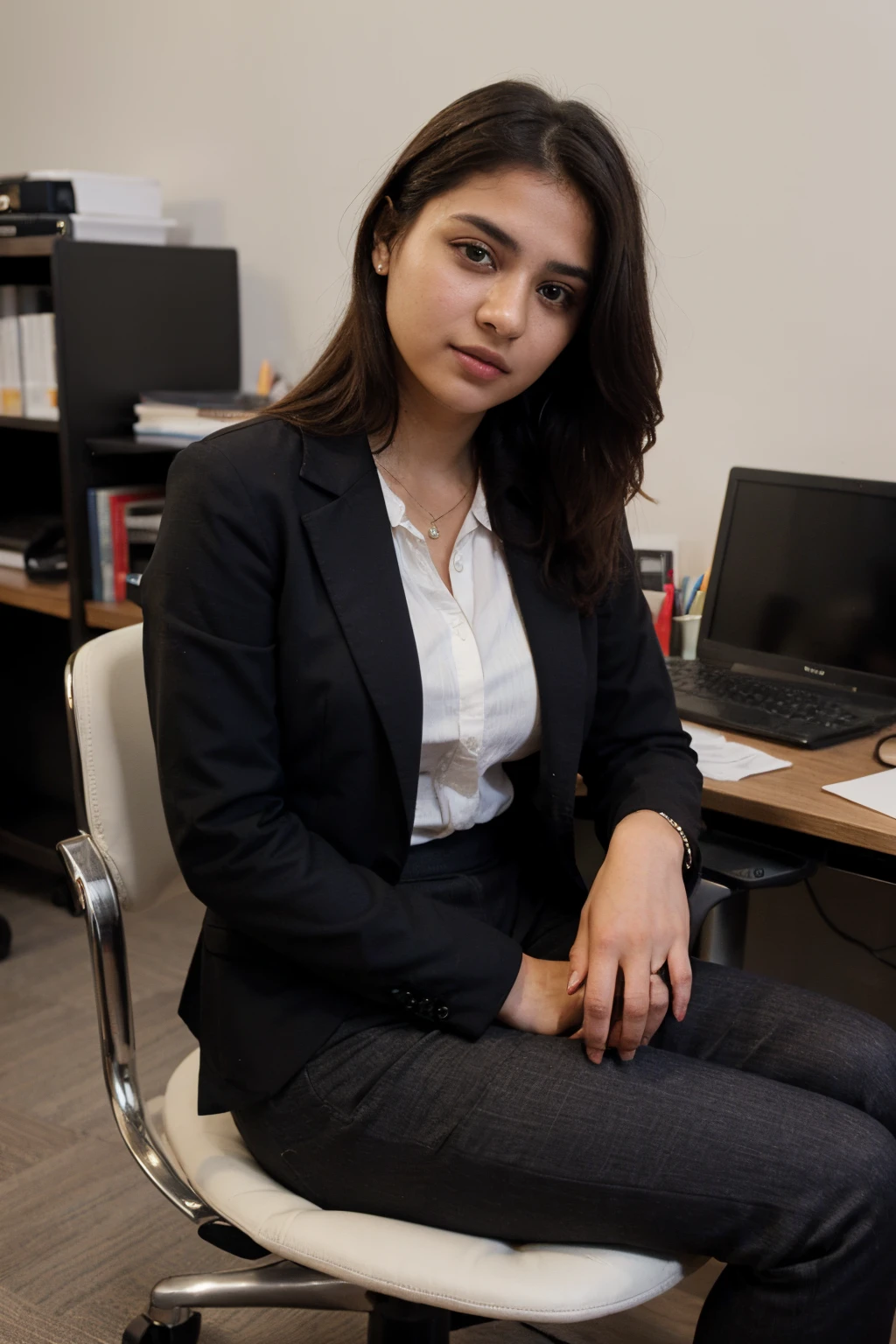 ((best quality)), ((masterpiece)), (detailed), perfect face, fujifilm, 20 years old, office, cute face, indian girl, suit and blazer, full pants, black hair, black eyes, beautiful, sitting on the chair