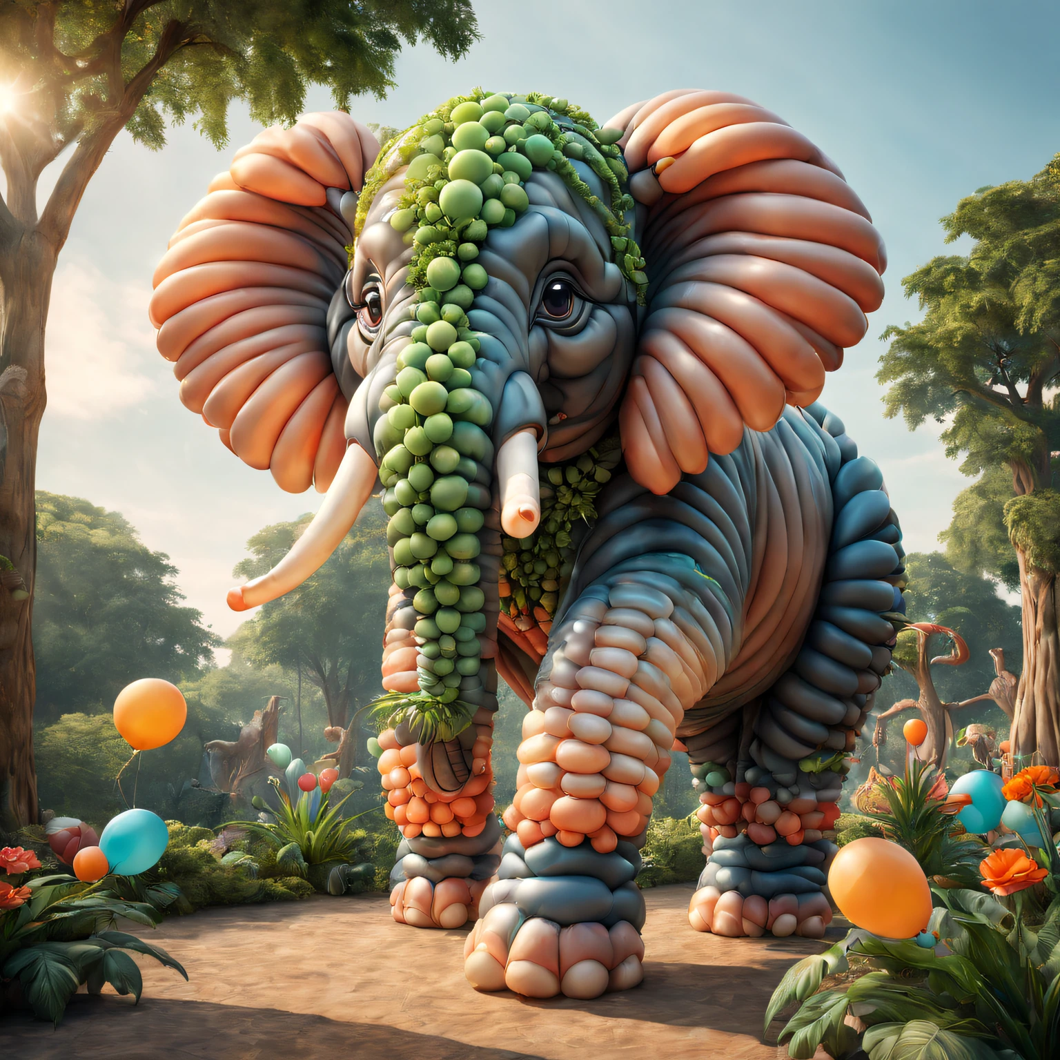 Elephant made of balloons,In the zoo,The plants are luxuriant，[illustratio, 3Drenderingof],[Best quality at best, A high resolution, ultra - detailed],[professional, vivd colour, Focus sharp],[Concept artist, Interesting and fun],[Colorful shades, Vibrant and eye-catching],[gentlesoftlighting, Highlight the shape and texture of the balloon]