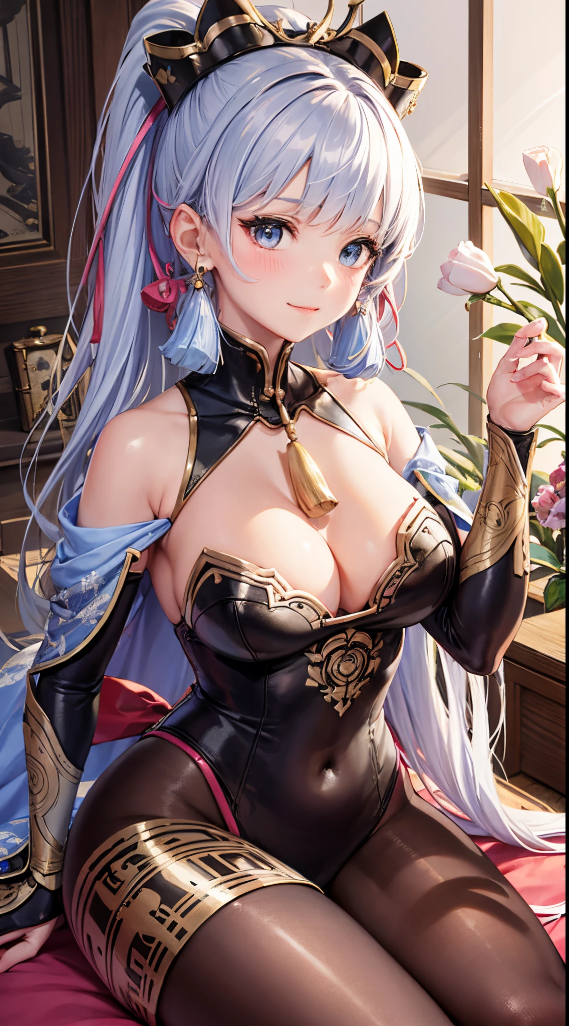 Character Details: - Gender: 1 Girl.
- Style: Anime - Body Type: Attractive body, slim body, nice bare legs, slim bare tights, bare arms, bare shoulders. - Breast: Medium Breast, Show Cleavage.
- Facial Features: Beautiful, Gorgeous, ager, Fresh, Young.
- Expression: Smile, Pink Blush on Face, Sexy Eyes, Sexy Look, Innocent Look.
- Clothing: Lingerie. - Body Pose: Sitting.
- Hand Pose: Hands on Hip.
- Behaviour: Waiting, Want Something, Secretly.
- Accessories: Flower Hair Piece, Earrings, Silk cloth. Environmental Details: - Setting: Japanese Indoor, Bed Room, Wooden, Ancient, Japan Fantasy, Window, Light, Stars, Night Sky, Particles. - Lighting: Natural Light. - Decoration: Japanese theme, Silk bed, Silk mattress, Soft bed, Silk ornament. silk curtain, pattern cloths, Flower Silk Pattern, Feathers, and Flowers. Artistic Style and Quality: - Masterpiece, top quality, best quality, official art, beautiful, and aesthetic:1.2 - Fractal art:1.1, Colorful:1.1, Highest detailed:1.2, Zentangle:1.2 - Crisp details, Sharp lines, Rich textures, Fine craftsmanship:1.3 - High resolution, Meticulous rendering:1.2, POV, anime style, UHD, retina, masterpiece, accurate, anatomically correct, textured