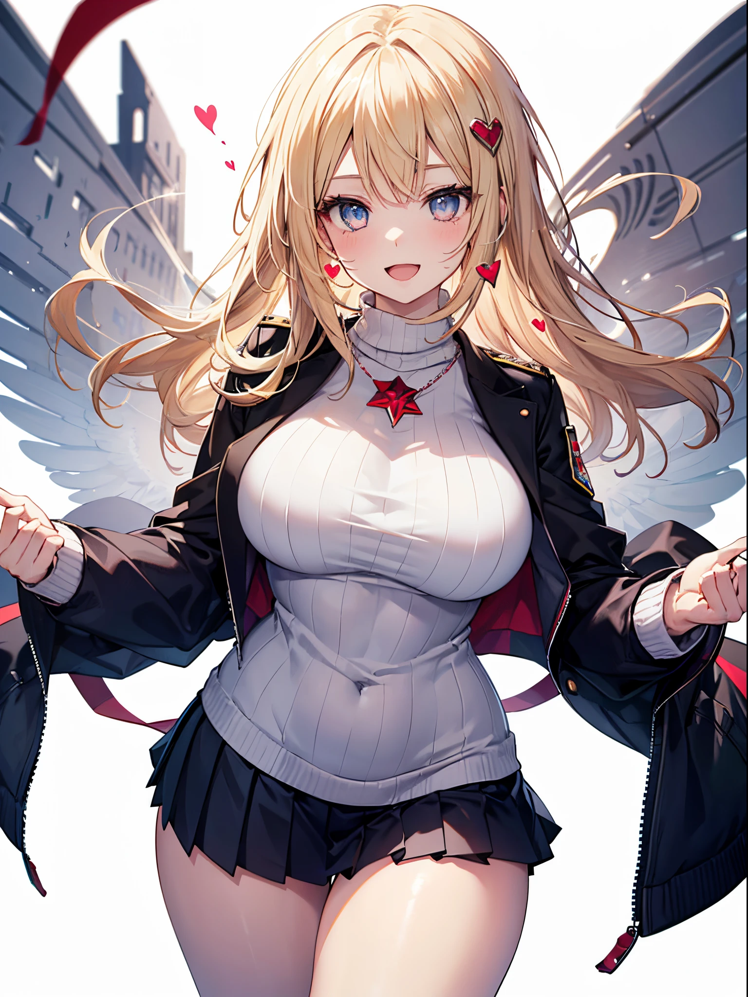 Realistic image, detailed image, 1 girl. She has ruby colored eyes, with a six-pointed star in each of her eyes. She has blonde hair. She wears a V-neck sweater, adorned with hearts. Pleated white miniskirt. Sneakers. Large breasts, narrow waist, wide hips and thick thighs. Arched back. Smile with open mouth. White background. Uniform background. Volumetric light. Ambient light