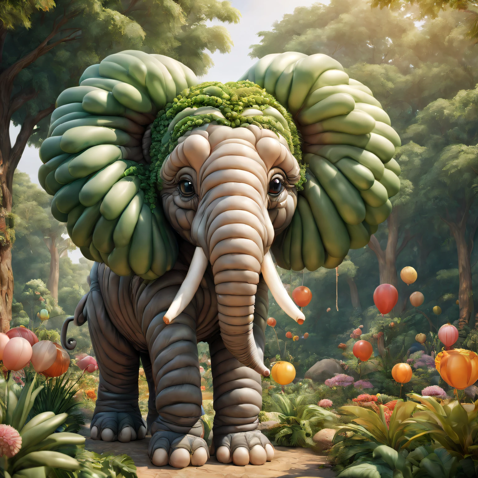 Elephant made of balloons,In the zoo,The plants are luxuriant，[illustratio, 3Drenderingof],[Best quality at best, A high resolution, ultra - detailed],[professional, vivd colour, Focus sharp],[Concept artist, Interesting and fun],[Colorful shades, Vibrant and eye-catching],[gentlesoftlighting, Highlight the shape and texture of the balloon]