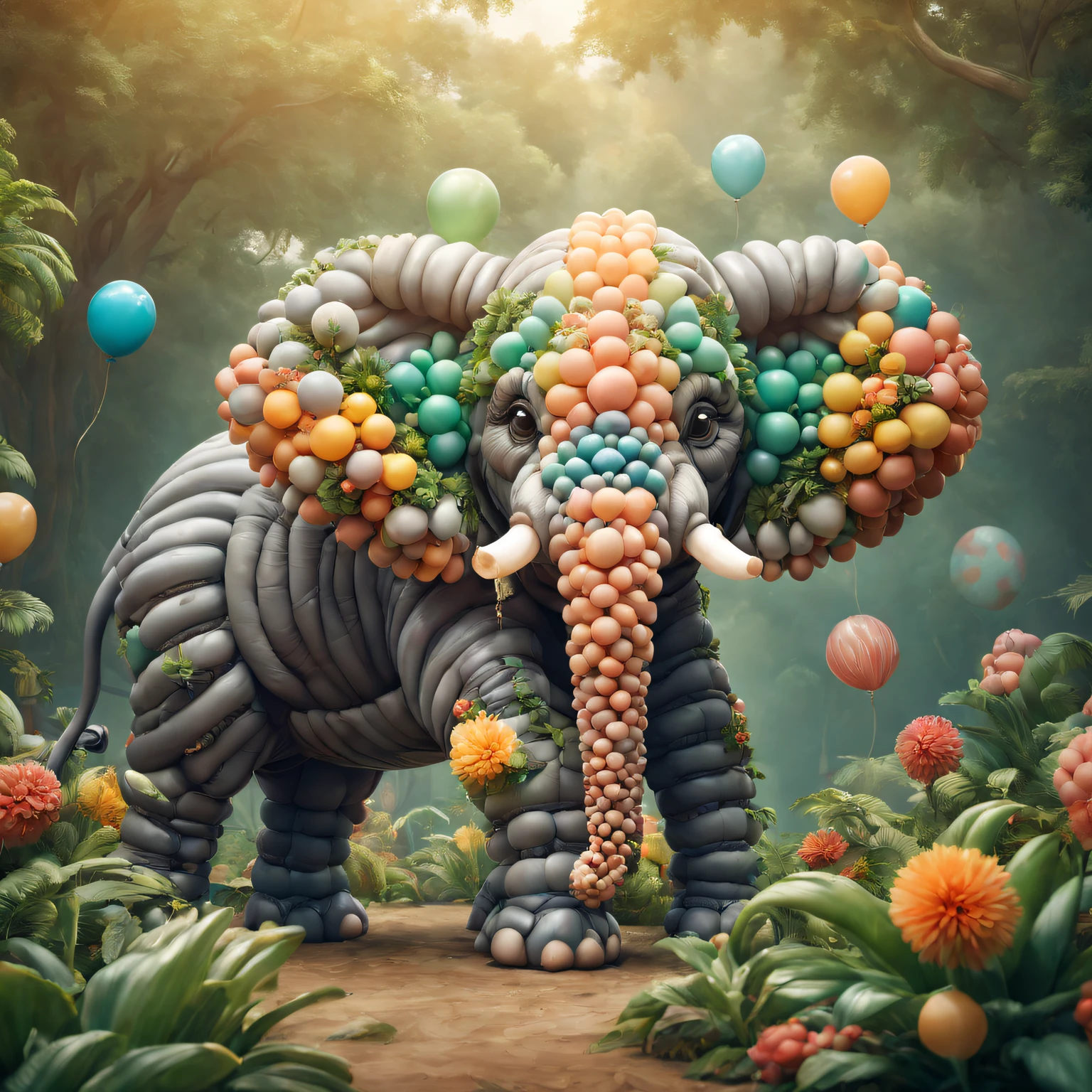 Elephant made of balloons,In the zoo,The plants are luxuriant，[illustratio, 3Drenderingof],[Best quality at best, A high resolution, ultra - detailed],[professional, vivd colour, Focus sharp],[Concept artist, Interesting and fun],[Colorful shades, Vibrant and eye-catching],[gentlesoftlighting, Highlight the shape and texture of the balloon]