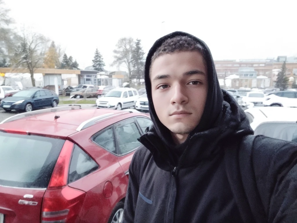 Arafed man in a black sweatshirt stands in the parking lot, around 1 9 years old, profile picture 1024px, 1 6 years old, 18 years, only snow in the background, around 20 yo, forrest in background, Profile picture, very very low quality picture, Good afternoon lighting, profile pic, michal