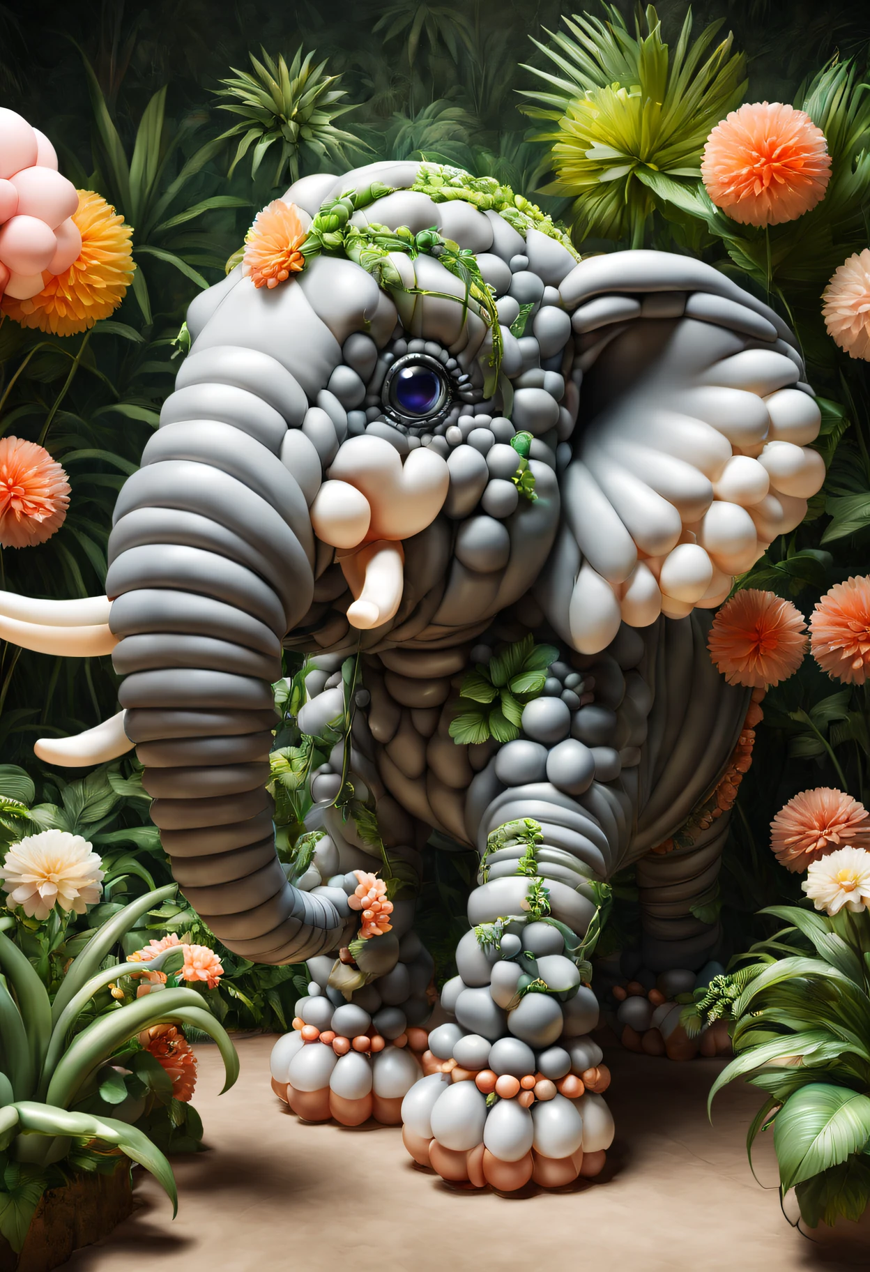 Elephant made of balloons,In the zoo,The plants are luxuriant，[illustratio, 3Drenderingof],[Best quality at best, A high resolution, ultra - detailed],[professional, vivd colour, Focus sharp],[Concept artist, Interesting and fun],[Colorful shades, Vibrant and eye-catching],[gentlesoftlighting, Highlight the shape and texture of the balloon]