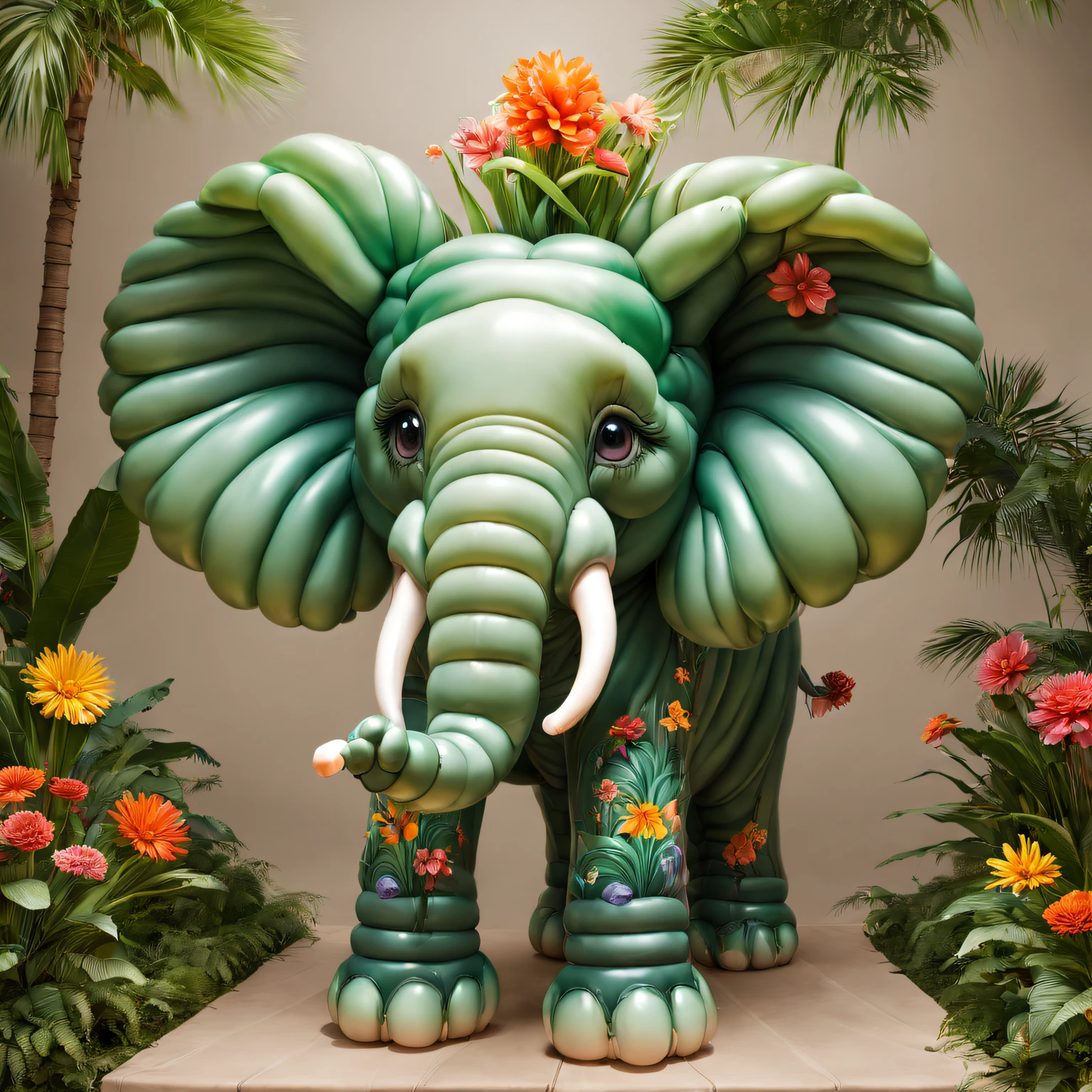 Best quality at best,ultra - detailed,actual,elephants,trpical garden,Balloon animals,vivd colour,gentlesoftlighting,florest background,greenery,Playful expression,the lush vegetation,tmasterpiece:1.2,a joyful atmosphere,festive atmosphere,happy elephant,giant balloon sculpture,Whimsical garden,lively scenes,coloredballoons,animal exhibition,Jungle theme,trunk,large ear,inquisitive eyes,Long eyelashes,happy pose,palmeiras,wildlife sanctuary,Lush plants,cute pachyderm,Colorful flowers,fantasy sculpture,larger than life,Breathtaking artwork,Plants in full bloom,Lifelike details,Playful elements,Artistic interpretation,scenery background,Naughty animals,serene environment,oases,Natural habitat,A striking masterpiece,happiness and excitement,Fascinating artwork,plant wonderland,vivid and vibrant,A world of dreams,Lifelike performance