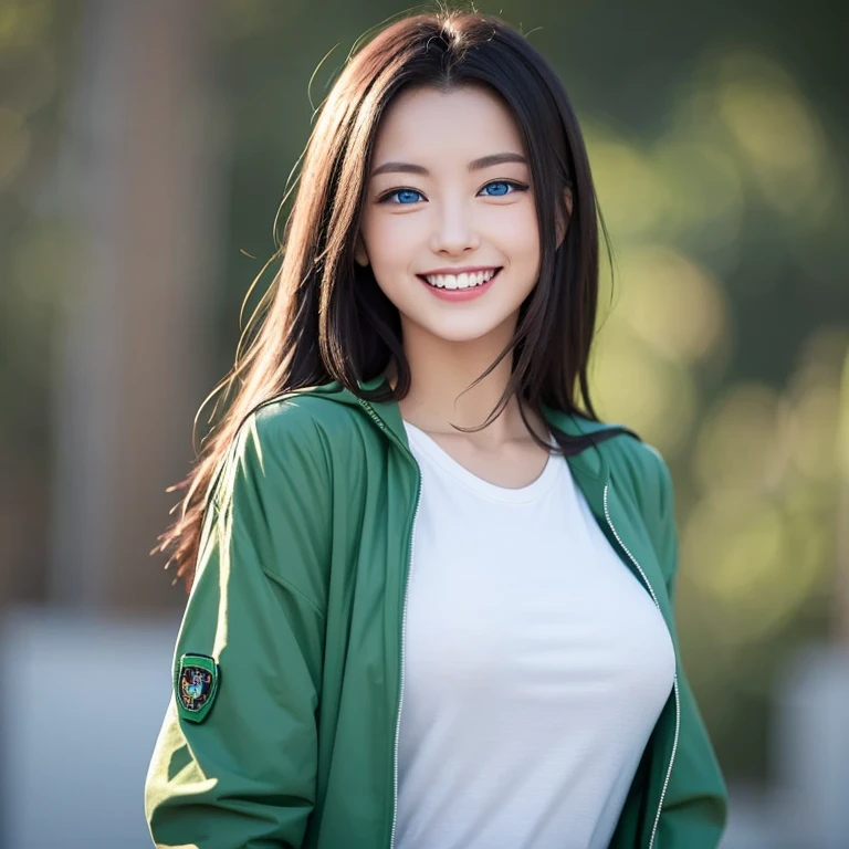 ((eBlue eyes))，（s the perfect face，）s the perfect face，Beutiful women，Long gray hair，Toothy smile，whitet-shirt，Green jacket,((one color background))