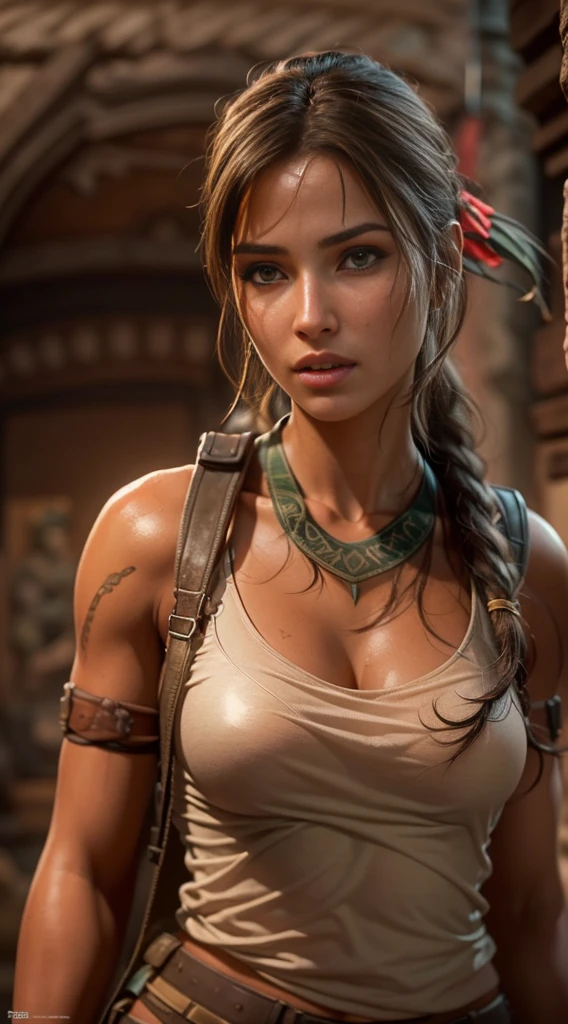 8K ultra-realistic, highly detailed artwork , depicting a stunningly beautiful and alluring young Lara Croft in her signature attire, exuding a sexy appeal within a Maya artifact scene. Ensure intricate skin details, HDR lighting, and ray tracing effects, striving for an art piece reminiscent of a renowned artist's style, aiming for maximum visual allure and lifelike realism."