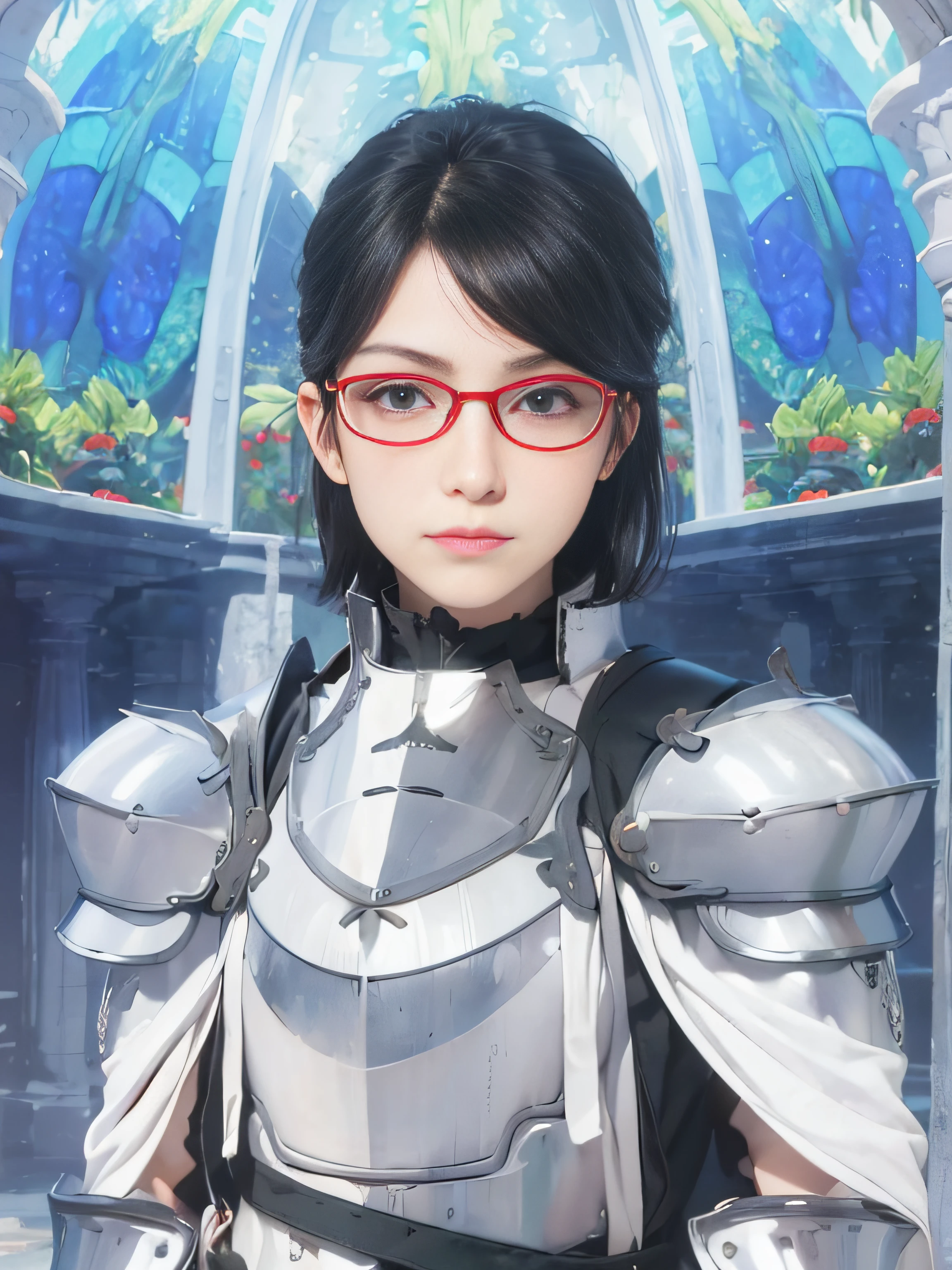 masterpiece, best quality, (realistic, photo-realistic:1.4), (RAW photo:1.2), extremely detailed CG unity 8k wallpaper, delicate and beautiful, amazing, finely detail, official art, absurdres, incredibly absurdres, huge filesize, ultra-detailed, extremely detailed, extremely detailed girl, extremely detailed eyes and face, light on face,little smiles,short hair,black hair,(wearing red framed glasses:1.4),(knight armor:1.5),black eyes,wearing breast plate,white robe