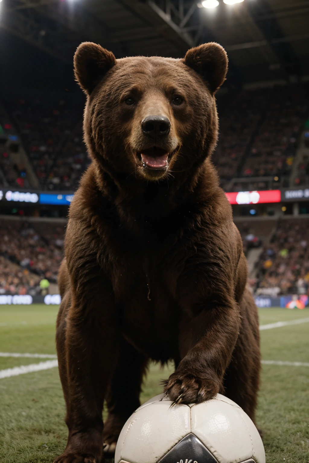 Make a logo for a soccer team of a powerful cartoonish bear standing on its hind legs, confidently holding a soccer ball between its sturdy paws. The bear's mouth is wide open in a fierce yet triumphant expression, capturing the spirit of competition. Consider using bold and energetic colors like deep browns for the bear and vibrant shades for the soccer ball to enhance the dynamism of the logo.